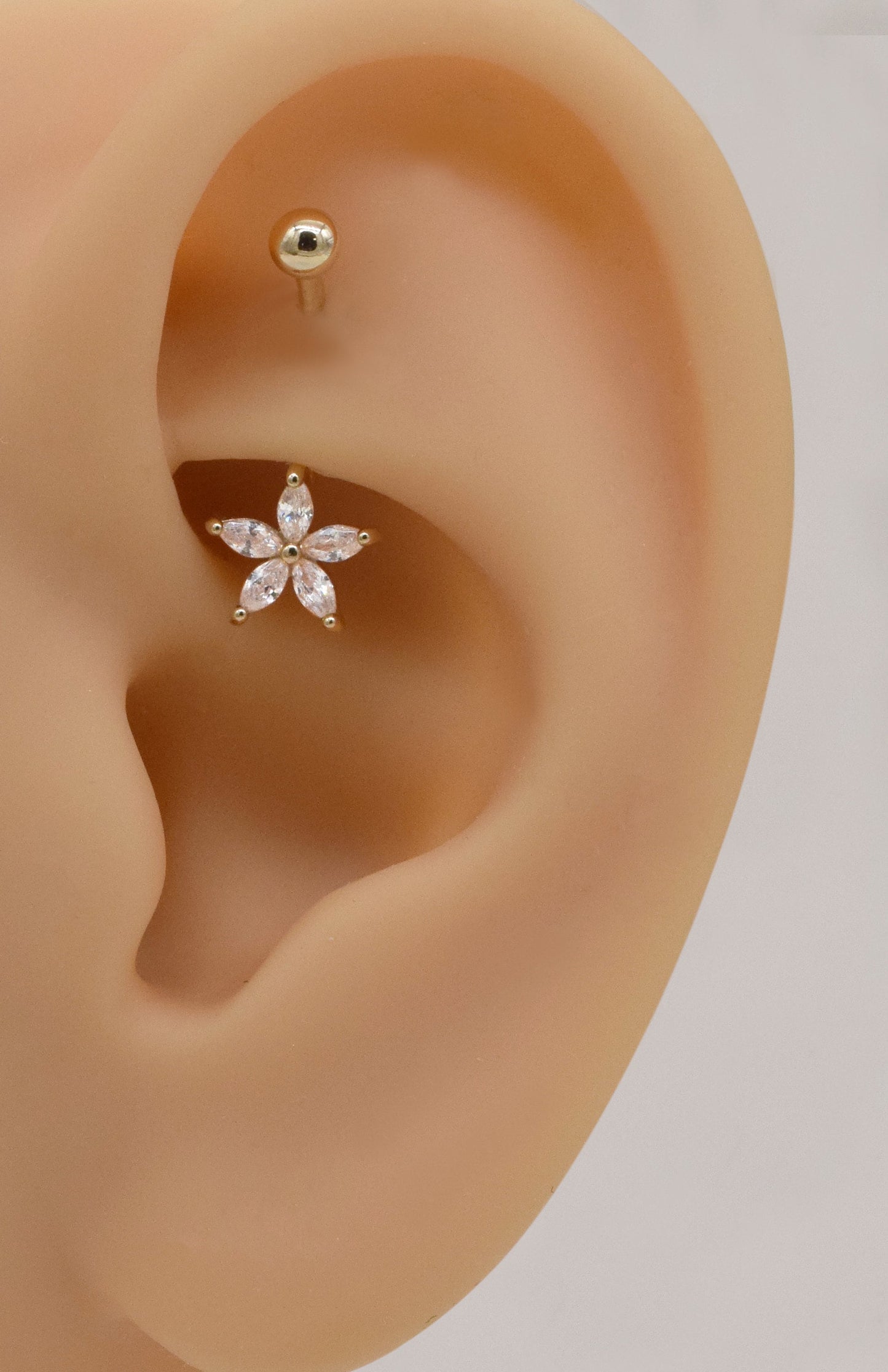 14k Solid Gold Flower Rook Earring Five Petals Earring Piercing Gold Navel Piercing CZ Belly Button Ring Navel Ring Gift For Her 16g