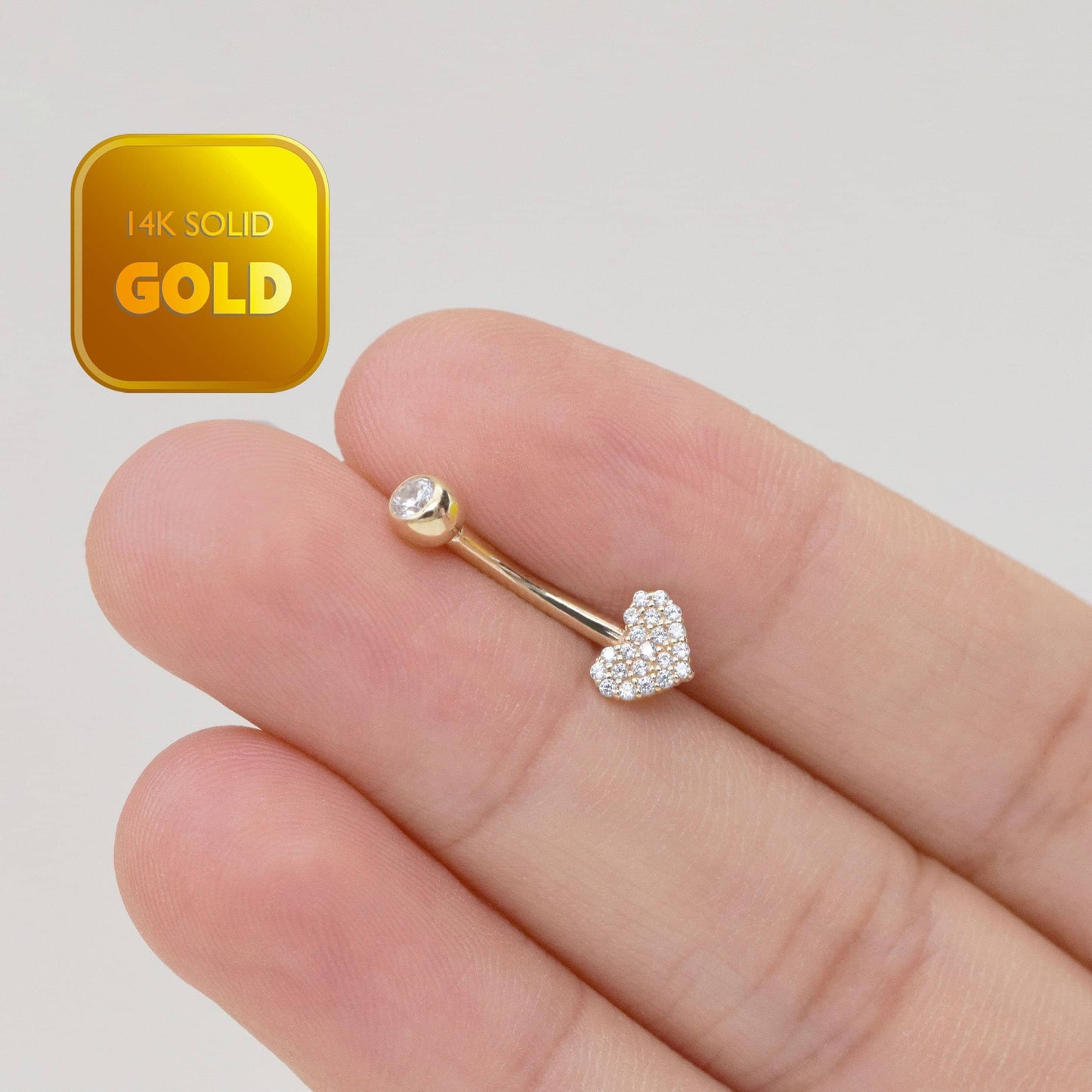 14k Solid Gold Heart Shape Belly Button Ring Heart Navel Piercing Cz Stone Threaded Navel Gold Belly Ring Barbell Piercing Jewelry 14g