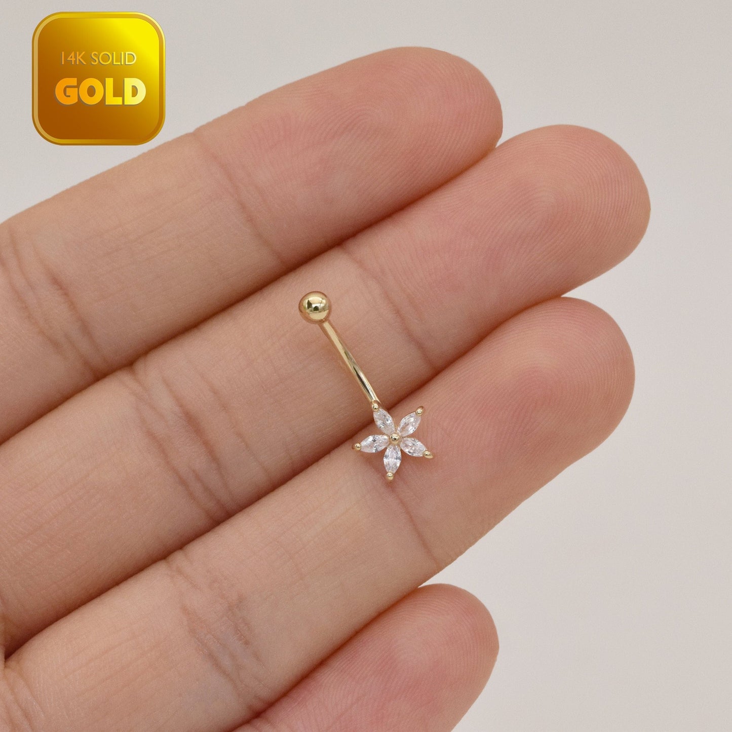 14k Solid Gold Flower Rook Earring Five Petals Earring Piercing Gold Navel Piercing CZ Belly Button Ring Navel Ring Gift For Her 16g