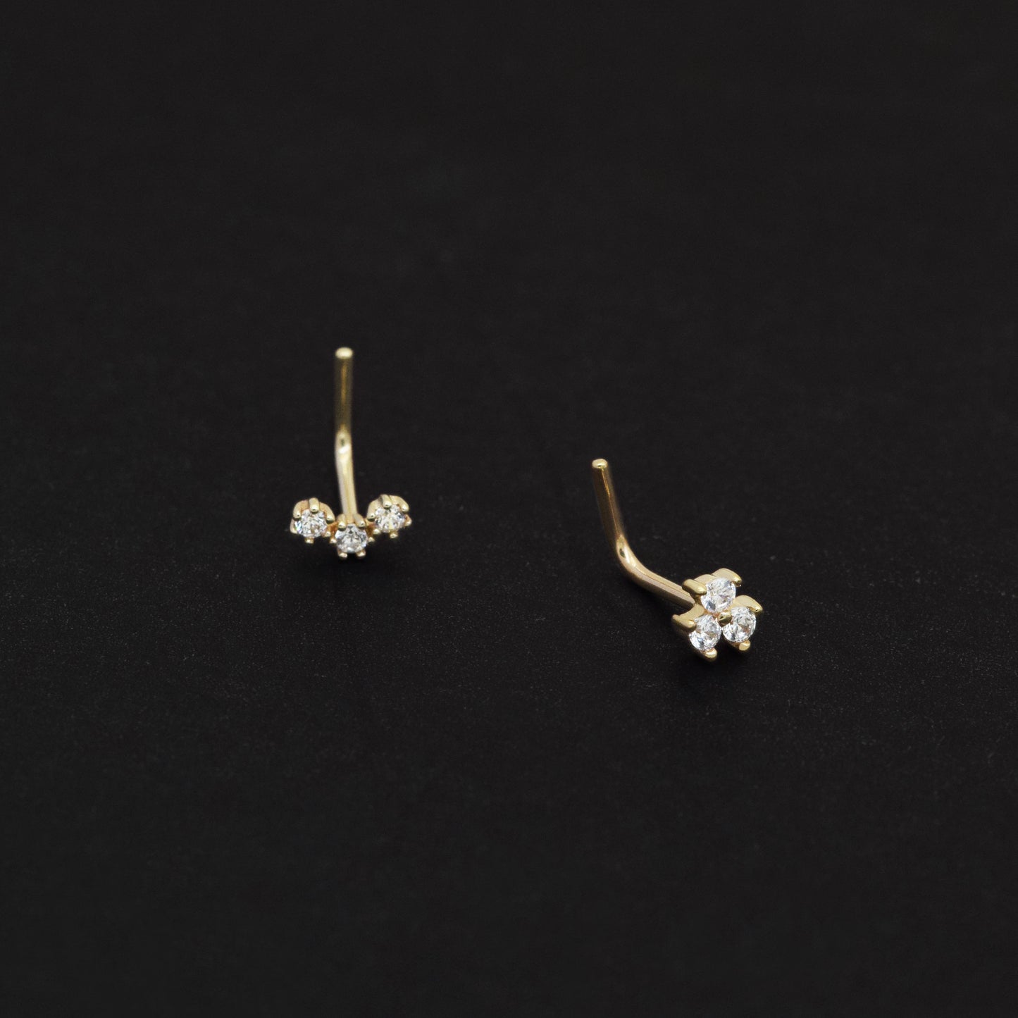 14k Solid Gold Three Stone Nose Stud L-Shape Nose Stud Minimalist Nose Piercing Dainty Gold Nose Piercing Jewelry Gift For Her 20g