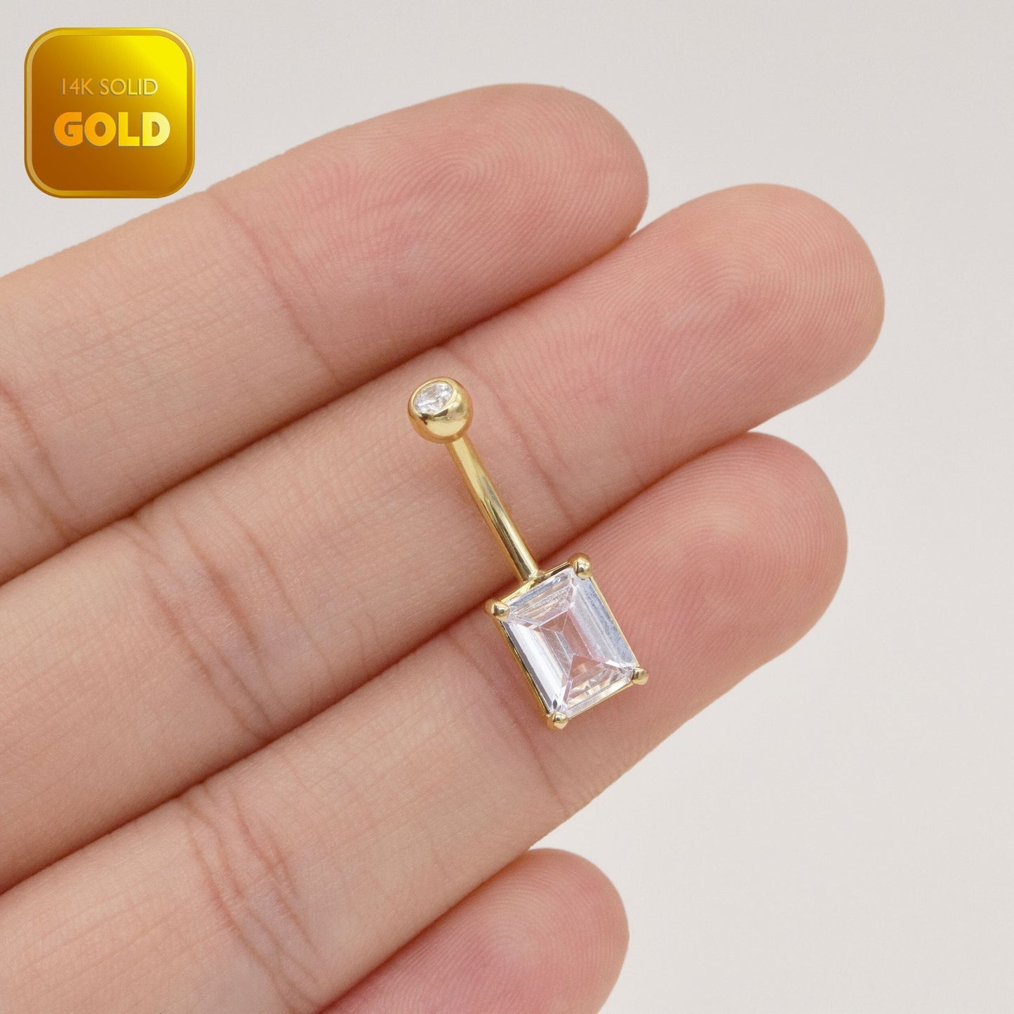 14k Solid Gold Rectangle Crystal Mounted Belly Button Ring Gold Threaded Baguette Navel Belly Ring Gold Square Barbell Piercing Jewelry 14g