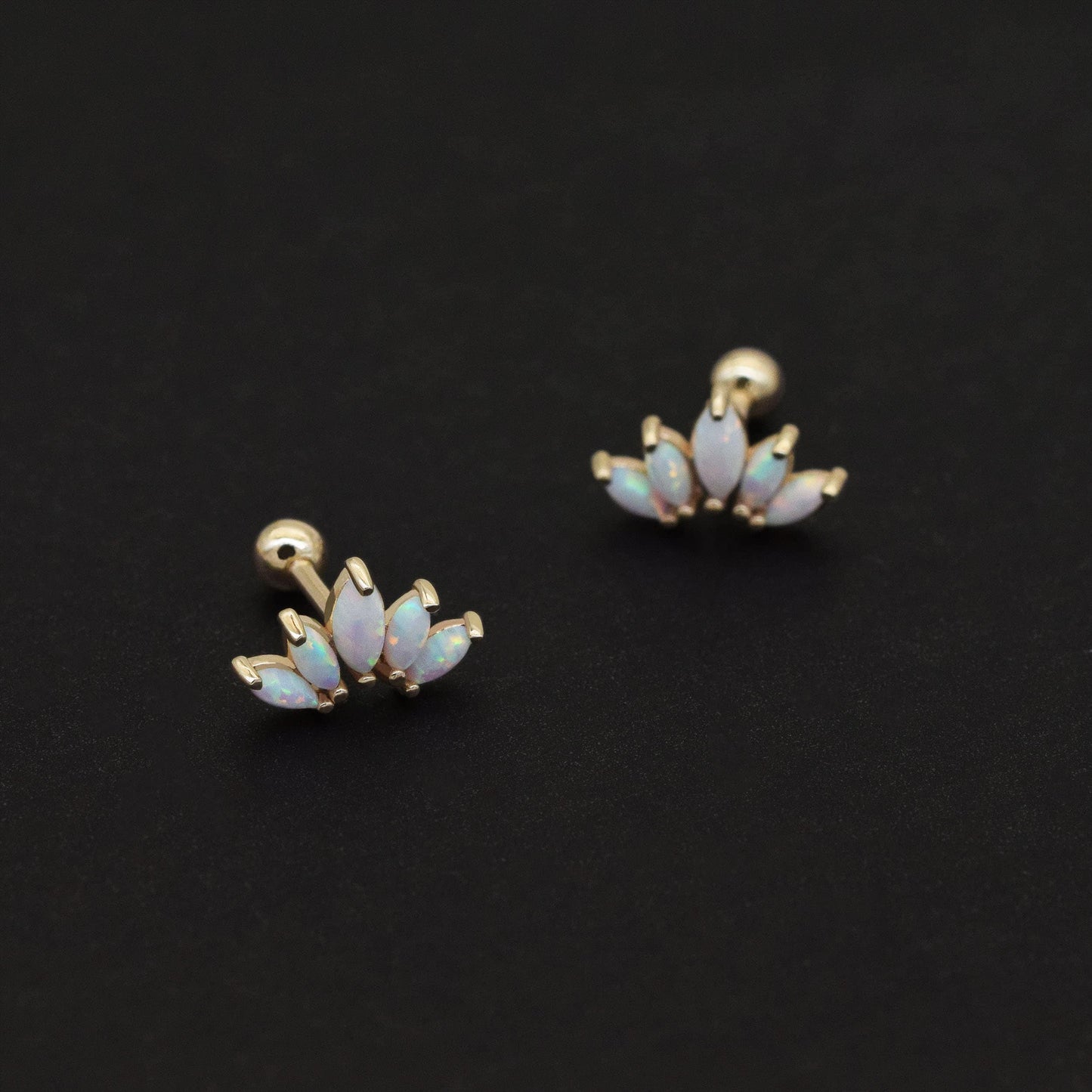 14k Solid Gold Opal Crown Stud Earring Marquise Fan Cluster Earring Helix Cartilage Daith Conch Earring Screw Back Earring 18g