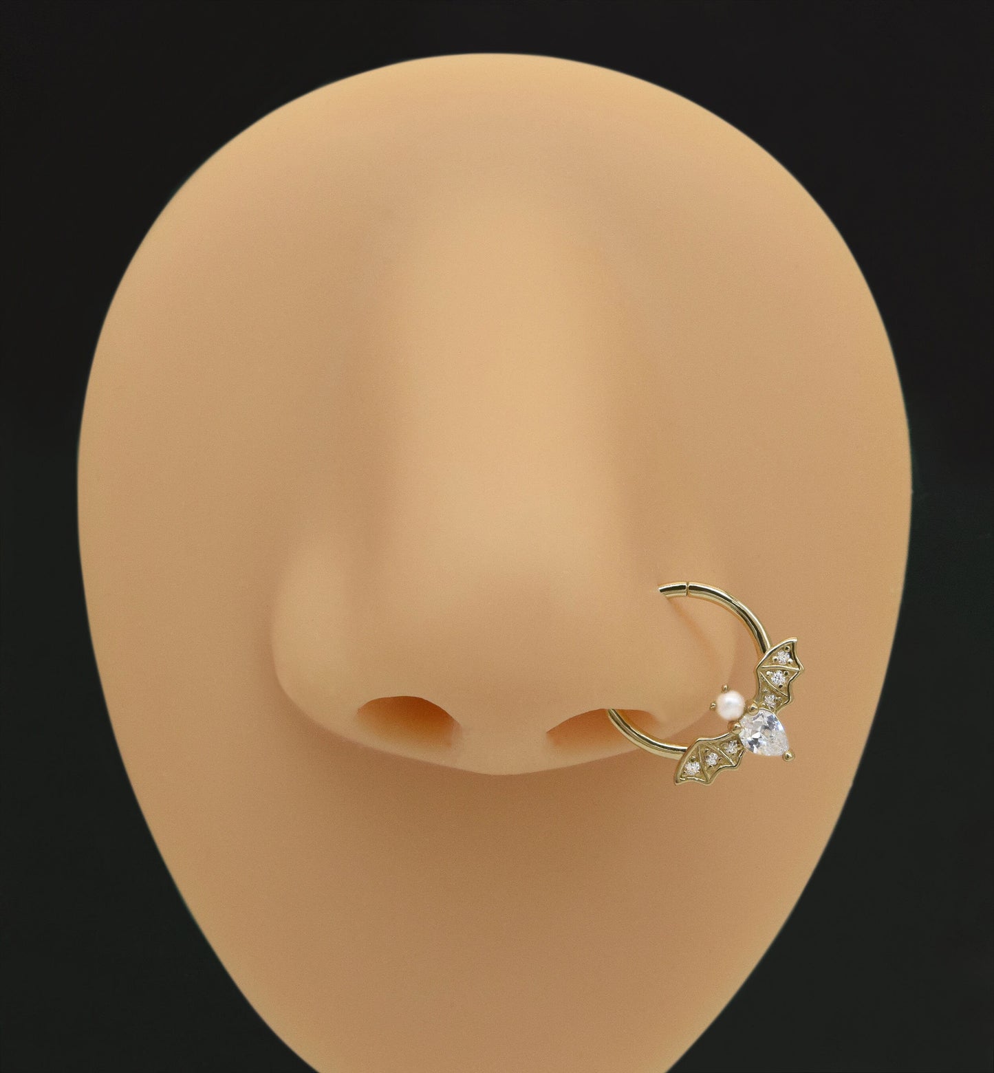 14k Solid Gold Bat Septum Ring Pearl Nose Ring Daith Conch Gold Clicker Tragus Helix Earrings Hoop Cartilage Gold Piercing Jewelry 16g