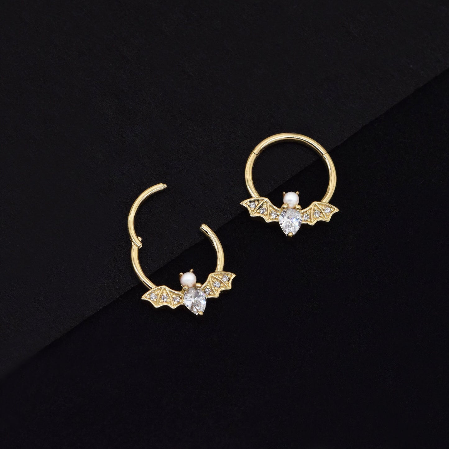 14k Solid Gold Bat Septum Ring Pearl Nose Ring Daith Conch Gold Clicker Tragus Helix Earrings Hoop Cartilage Gold Piercing Jewelry 16g