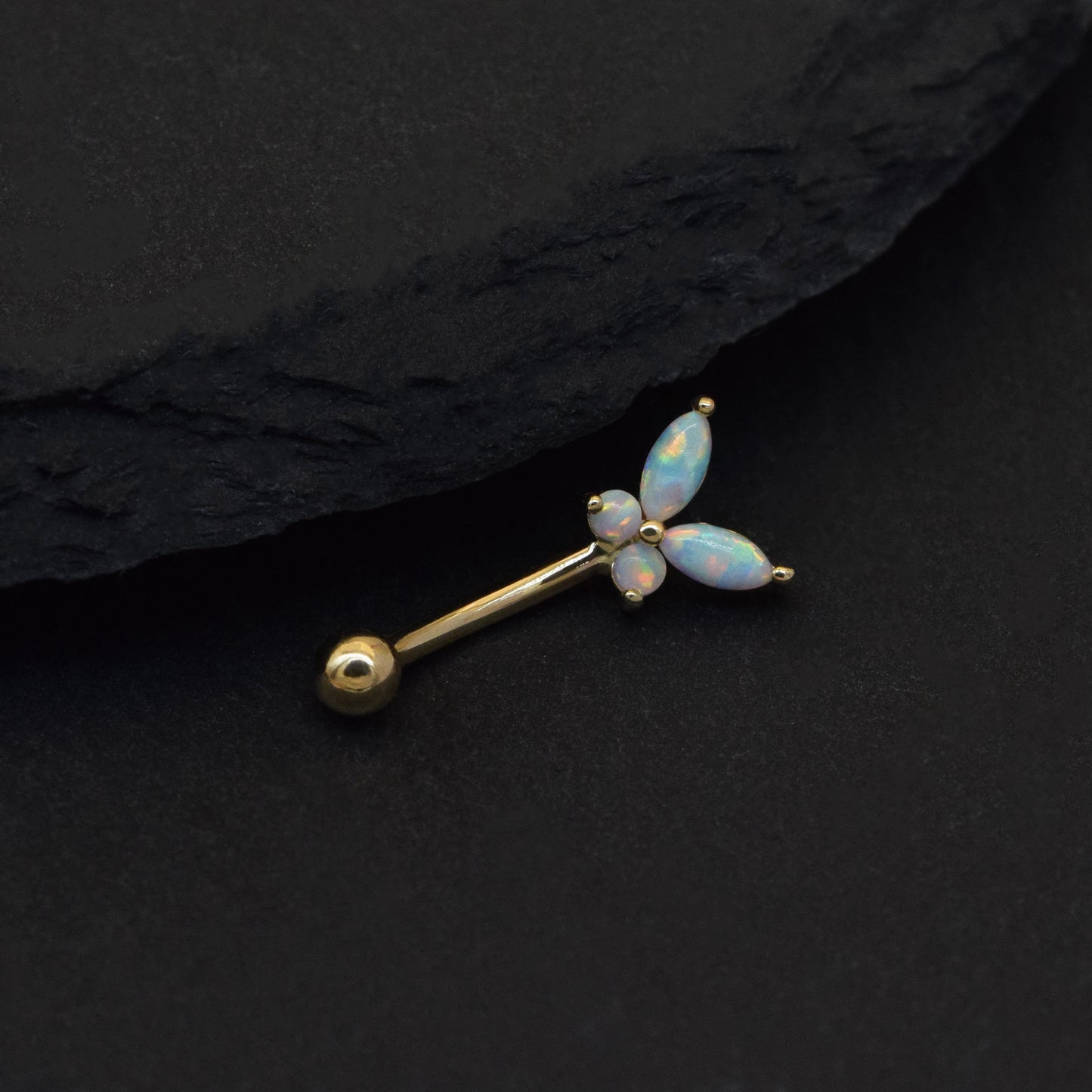 14K Solid Gold Butterfly Opal Curved Barbell Earring Rook Piercing Eyebrow Piercing Jewelry Opal Rook Piercing Jewelry 16g Gift for her