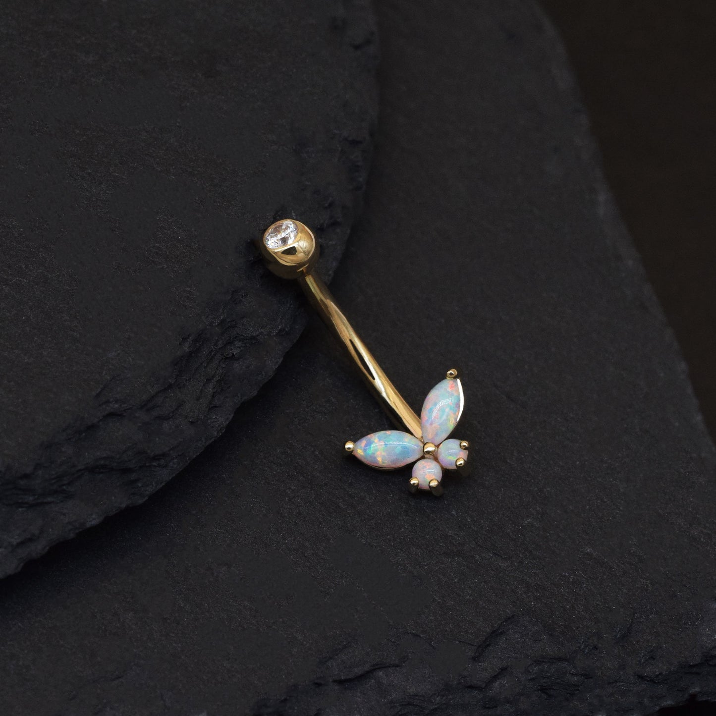 14k Solid Gold Butterfly Belly Button Ring Dainty Opal Navel Piercing Threaded navel Belly Ring Opal Belly Piercing Jewelry 14g