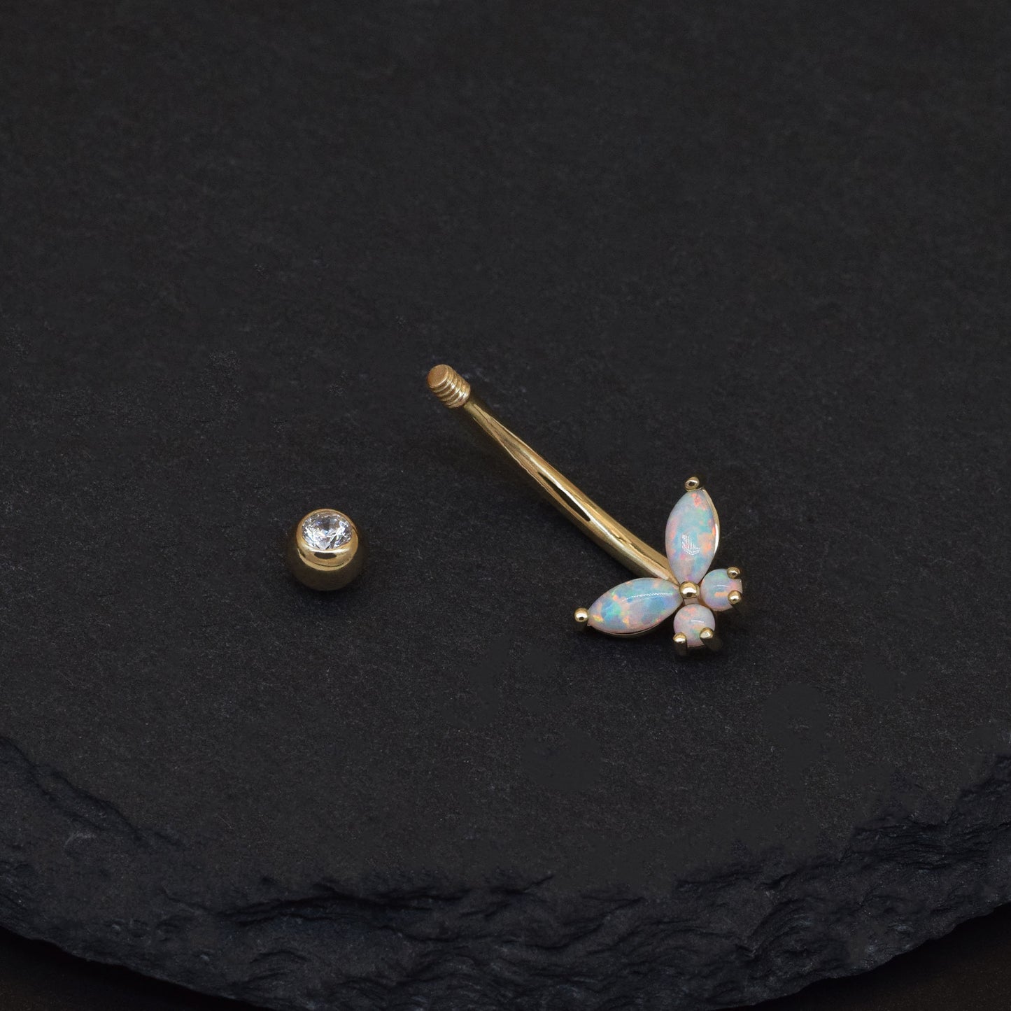 14k Solid Gold Butterfly Belly Button Ring Dainty Opal Navel Piercing Threaded navel Belly Ring Opal Belly Piercing Jewelry 14g