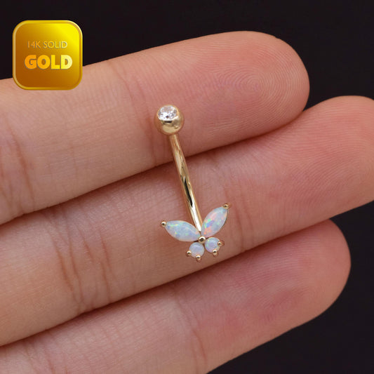 14k Solid Gold Butterfly Belly Button Ring Dainty Opal Navel Piercing Threaded navel Belly Ring Opal Belly Piercing Jewelry 14g