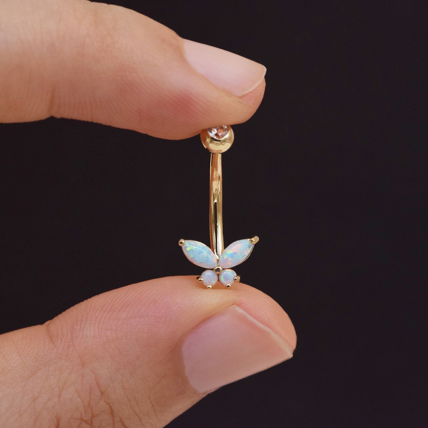 14k Solid Gold Butterfly Belly Button Ring Dainty Opal Navel Piercing Threaded navel Belly Ring Opal Belly Piercing Jewelry 14g