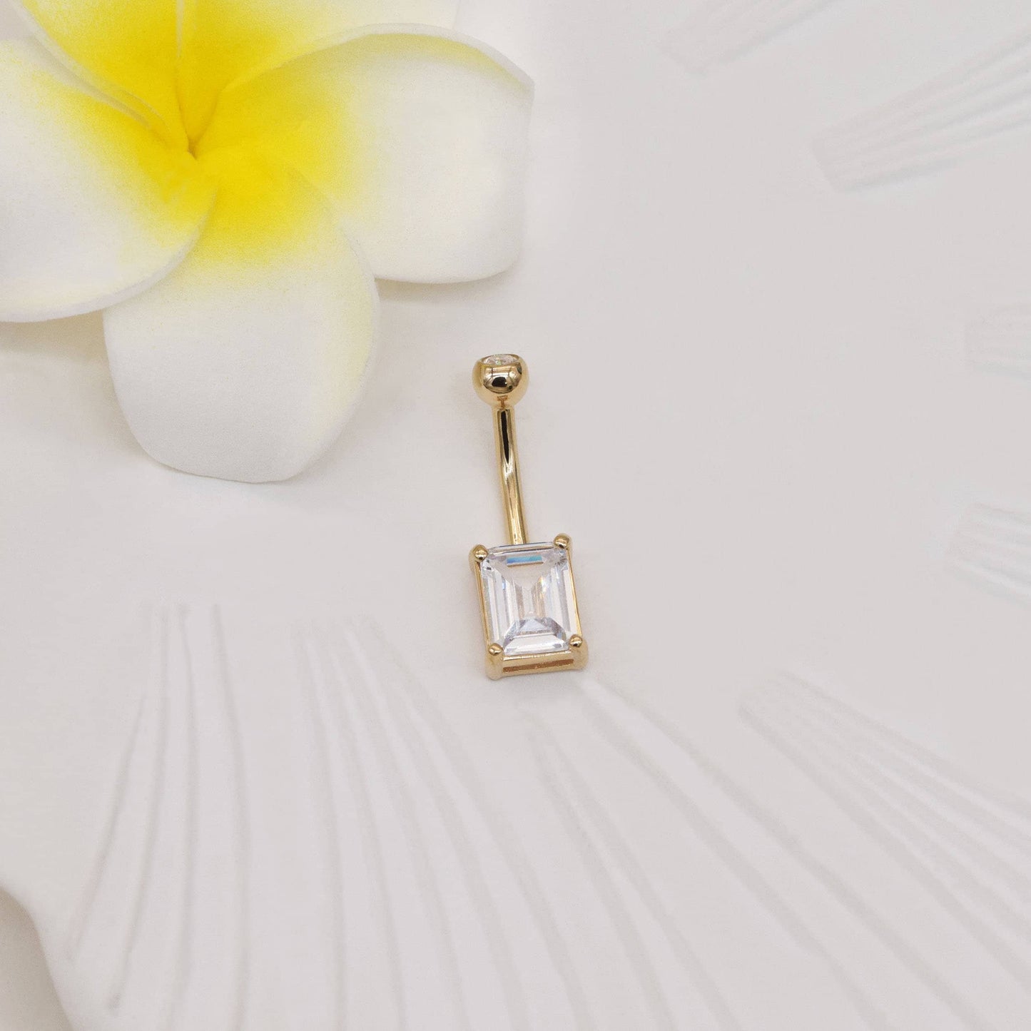 14k Solid Gold Rectangle Crystal Mounted Belly Button Ring Gold Threaded Baguette Navel Belly Ring Gold Square Barbell Piercing Jewelry 14g