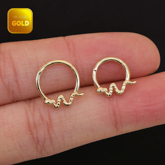 14K Solid Gold Snake Septum Ring Huggie Earring Snake Clicker Hoop Nose Ring Gold Daith Earrings Snake Rook Earring Gift For Her 16g