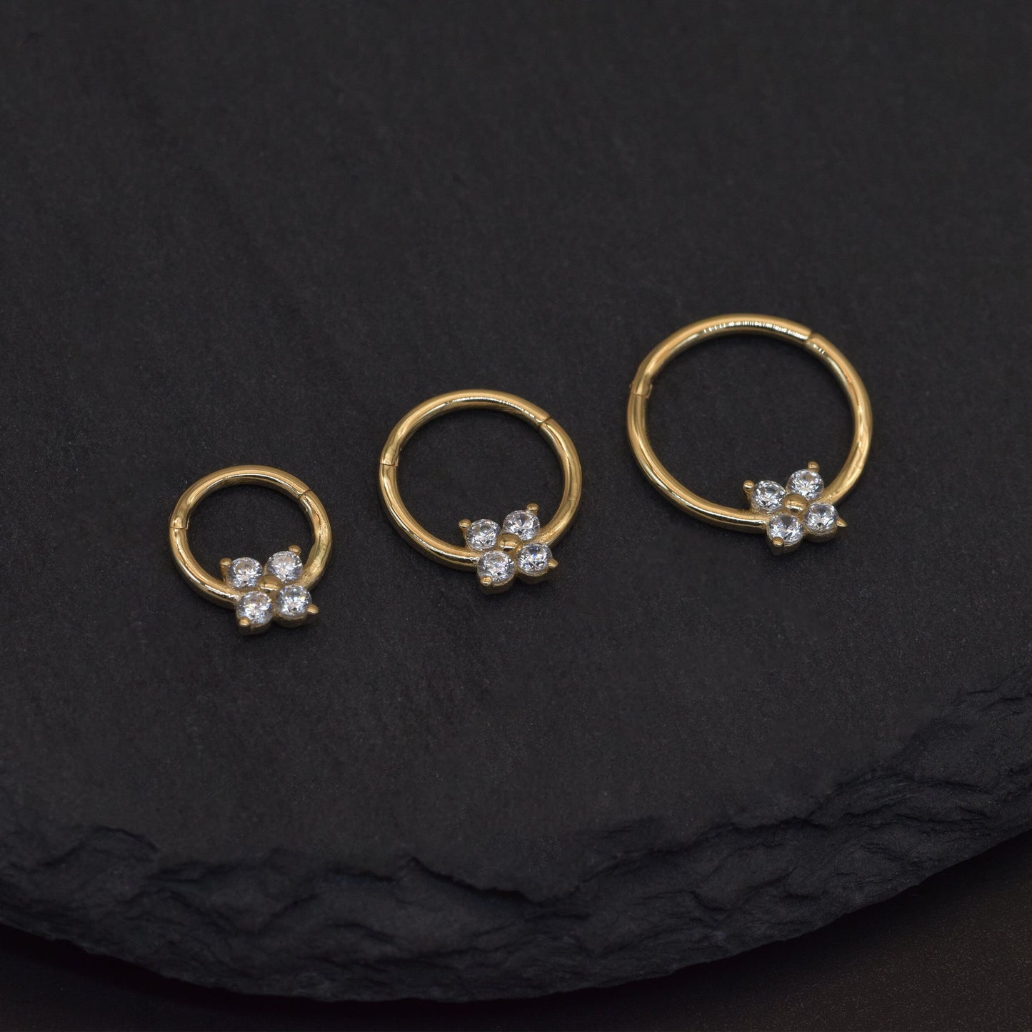 14k Solid Gold Cartilage Flower Hoop Clicker Four Diamond Clicker Diamond Flower Nose Ring CZ Diamond Gold Spetum Hoop Clicker 18g