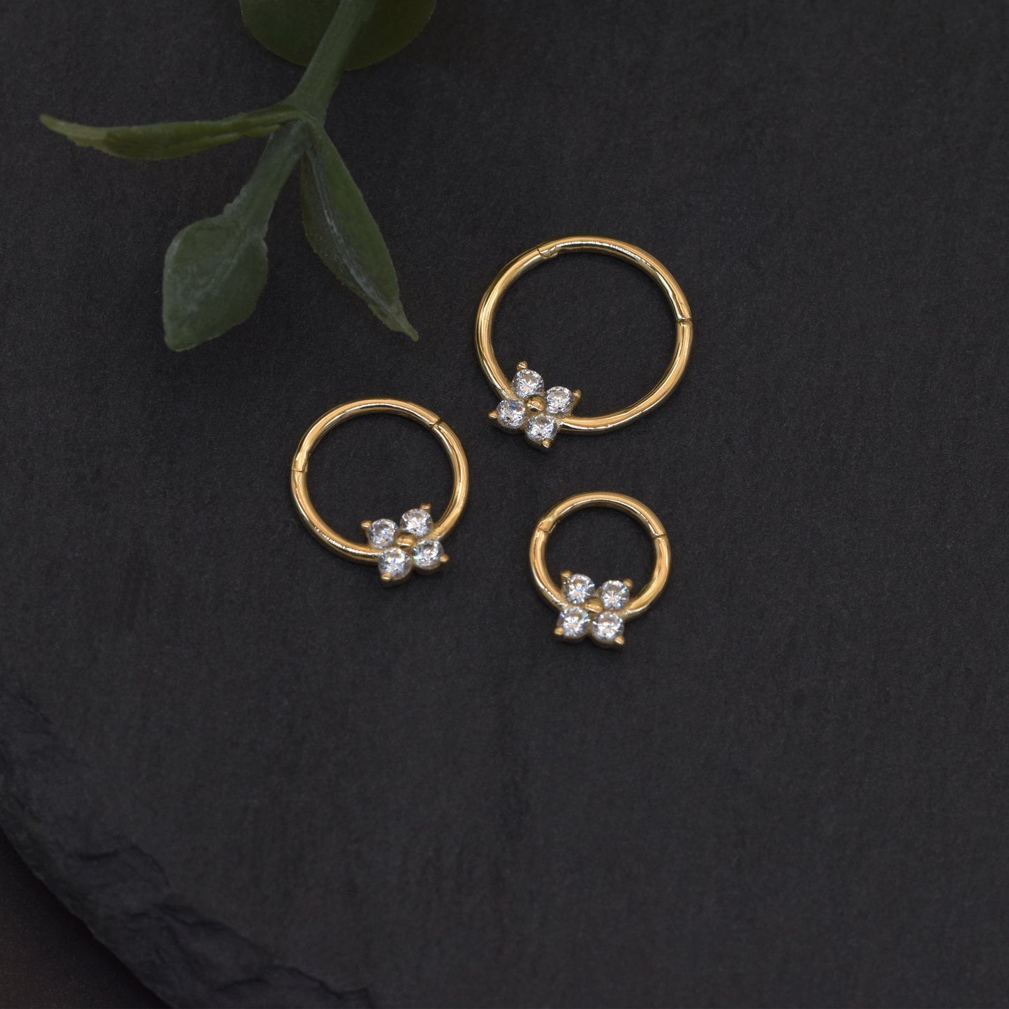 14k Solid Gold Cartilage Flower Hoop Clicker Four Diamond Clicker Diamond Flower Nose Ring CZ Diamond Gold Spetum Hoop Clicker 18g