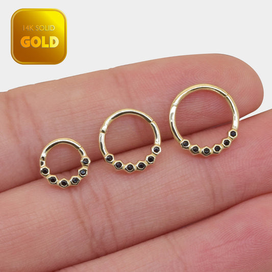 14k Solid Gold Bezel Set Black Stone Septum Hoop Good Lobe Clicker Helix Conch Septum Nose Ring Dainty Daith Piercing Gold Body Jewelry 16g