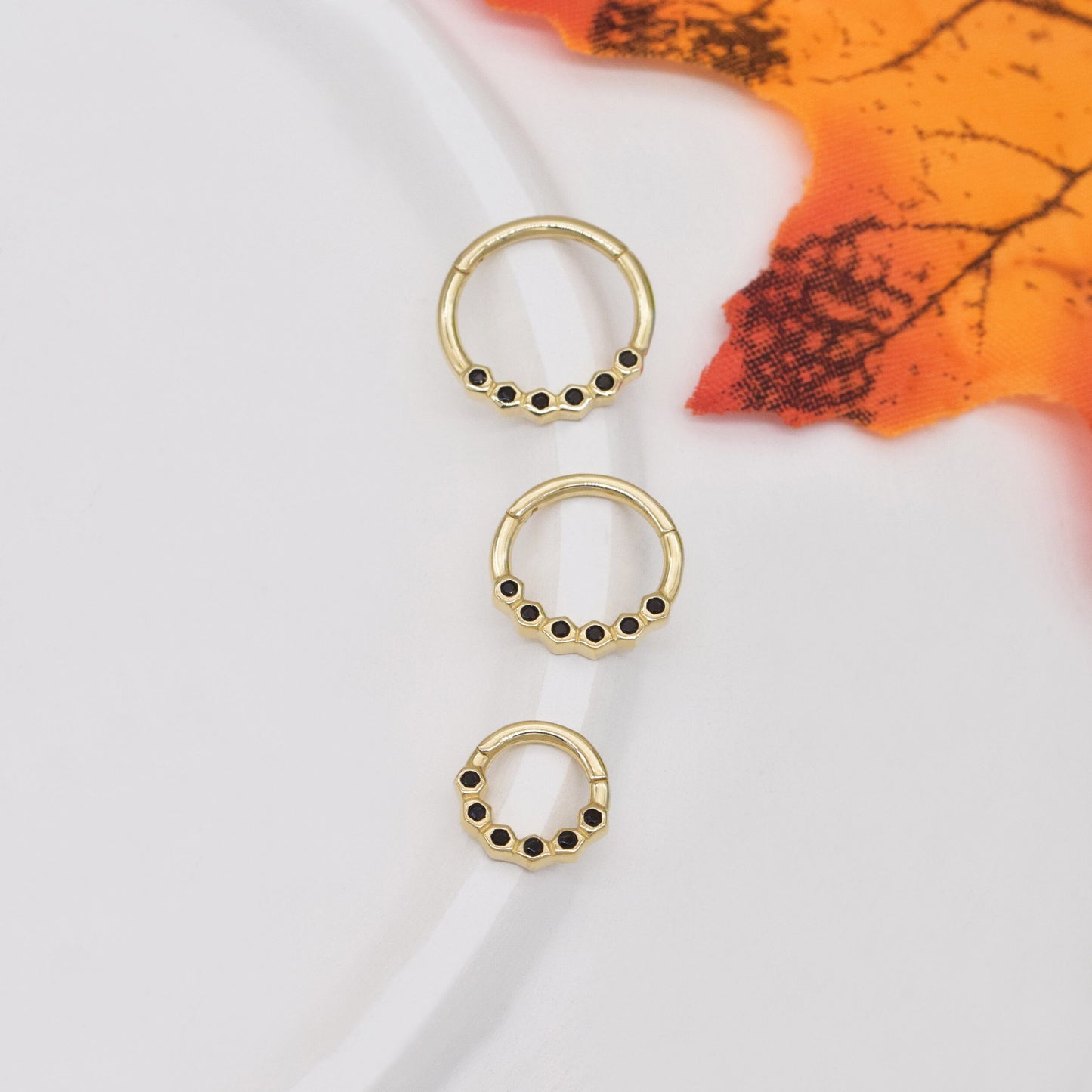 14k Solid Gold Bezel Set Black Stone Septum Hoop Good Lobe Clicker Helix Conch Septum Nose Ring Dainty Daith Piercing Gold Body Jewelry 16g