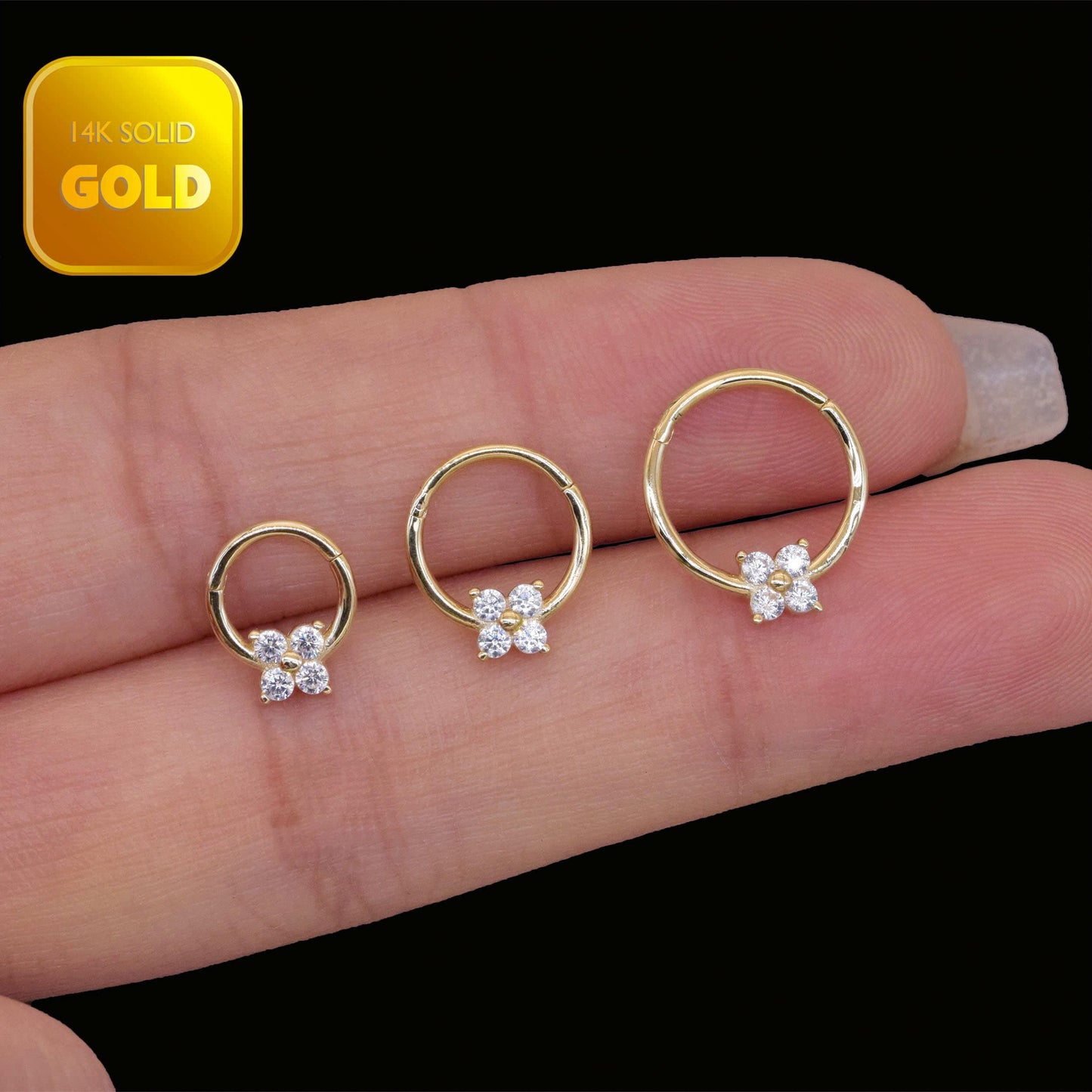 14k Solid Gold Cartilage Flower Hoop Clicker Four Diamond Clicker Diamond Flower Nose Ring CZ Diamond Gold Spetum Hoop Clicker 18g