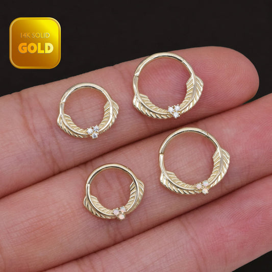 14k Solid Gold Cartilage Hoop Leaf Design Opal Clicker Piercing Diamond Spetum Hoop Clicker Tragus Daith Helix Piercing Opal Nose Ring 16g