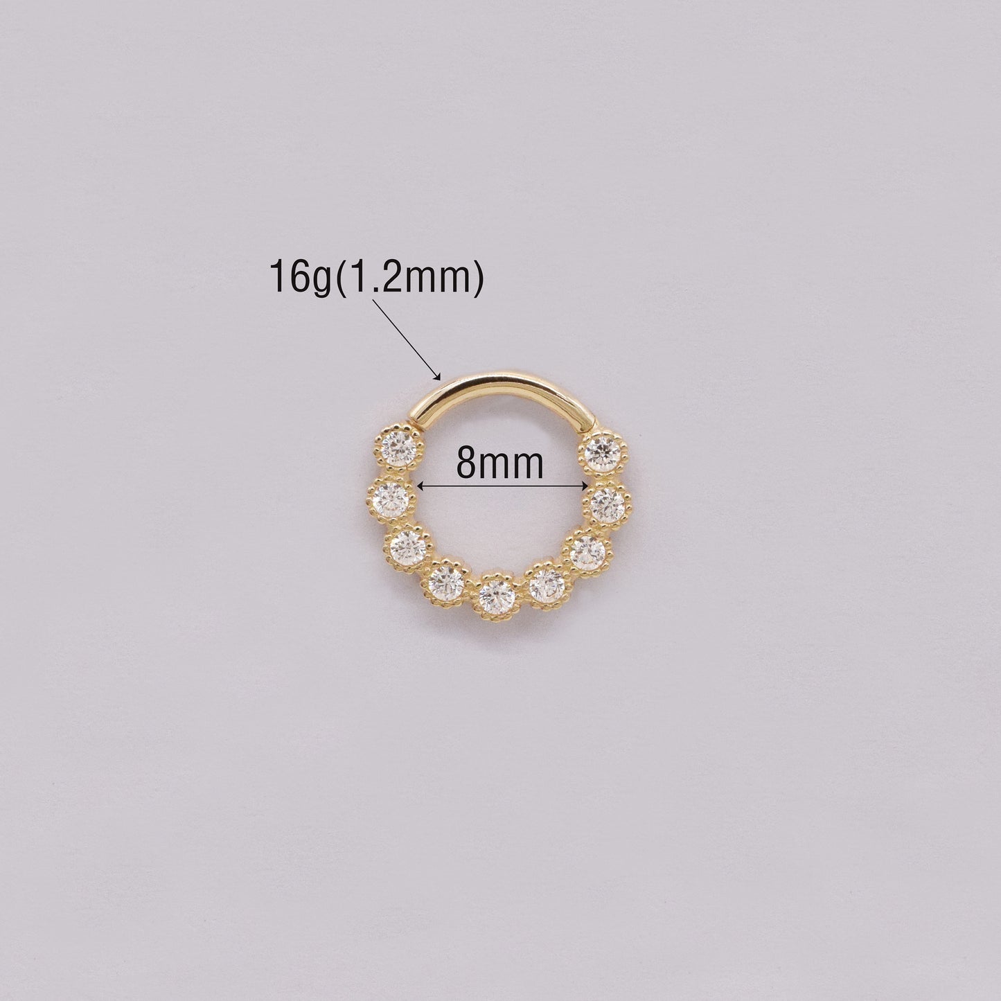 14K Solid Gold CZ Daith Earring Cartilage Hoop White CZ Septum Ring Dainty Nose Septum Hoop Clicker Conch Tragus Helix Daith Piercing 16g