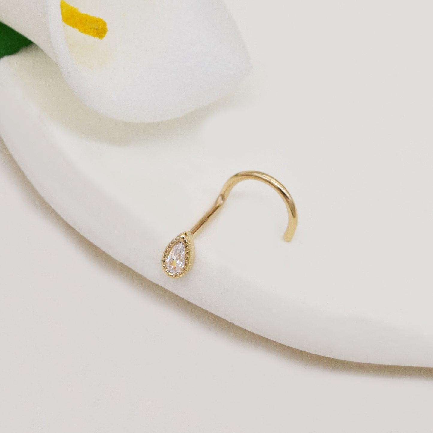 14k Solid Gold Tiny Teardrop Nose Ring Dainty Screw back Nose stud Gold Nostril Piercing Teardrop Nose Jewelry Gift For Her 20g