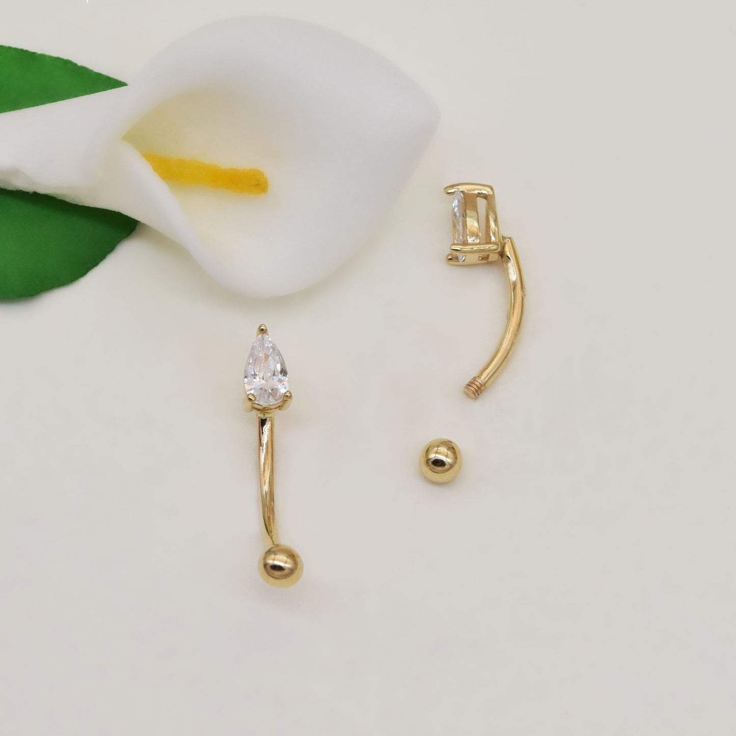 14k Solid Gold Teardrop Rook Piercing Curved Barbell Gold Navel Ring Diamond Belly Button Ring Dainty Rook Earring Gift For Her 16g