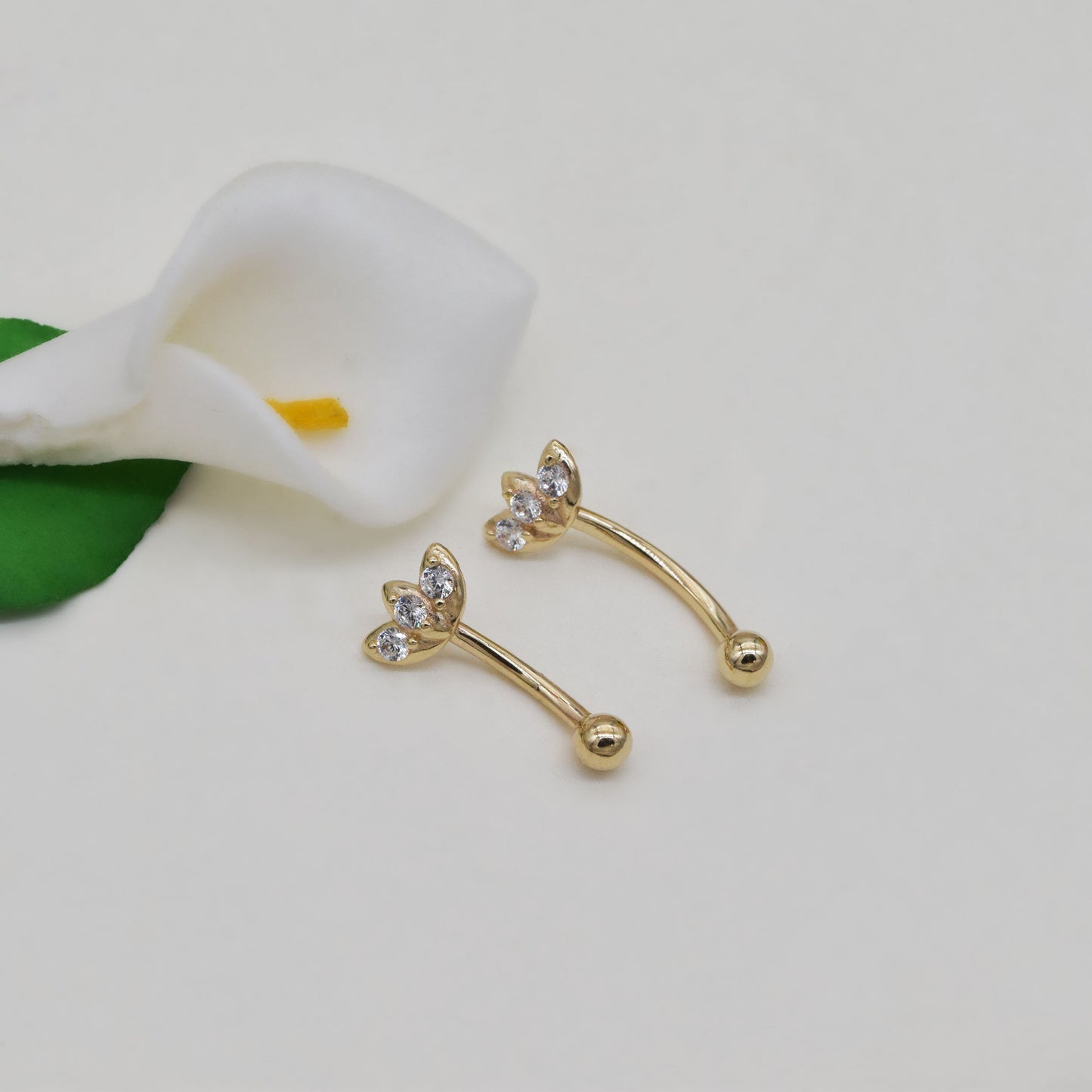 14k Solid Gold Lotus Flower Rook Earring Clover Eyebrow Ring  Gold Barbell Belly Button Flower Navel Ring Gift For Her 16g Gfit For Her