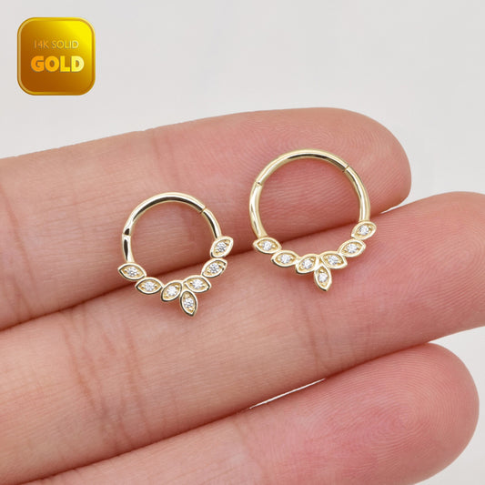 14k Solid Gold Marquise Diamond Daith Piercing Leaf CZ Septum Clicker Gold Nose Ring Cartilage Hoop Clicker Ear Piercing Septum Piercing 16G