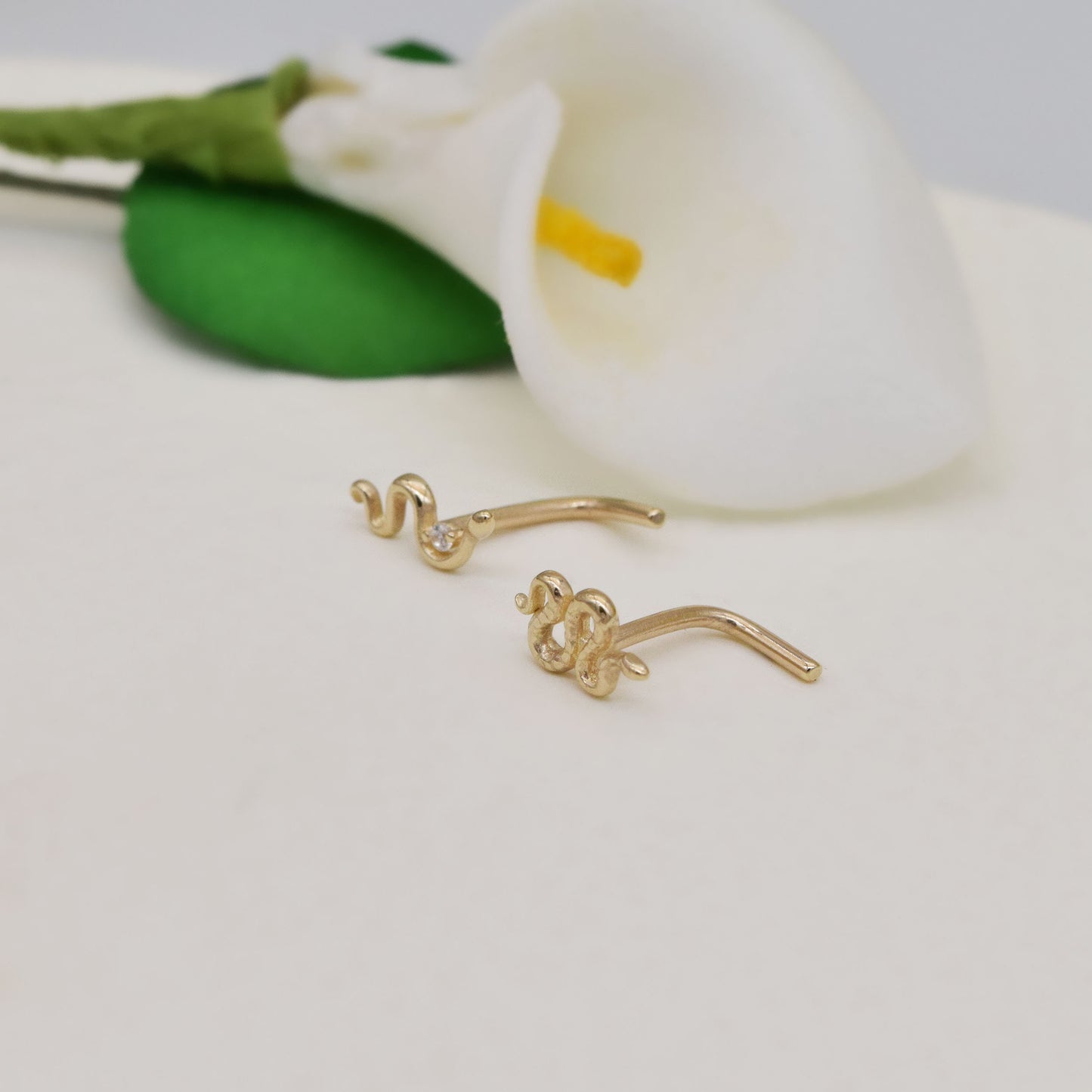 14k Solid Gold Snake Nose Ring Danity Snake Nose Stud L Shape Back Nose Stud Dainty Nostril Piercing Nose Piercing Jewelry Gift For Her 20g