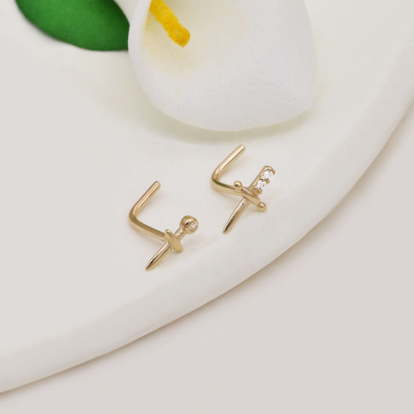 14k Solid Gold Sword Nose Stud Dagger Nose Ring Tiny Nose Stud L Shape Nose Stud Unique Nose Stud Gift for her 20g