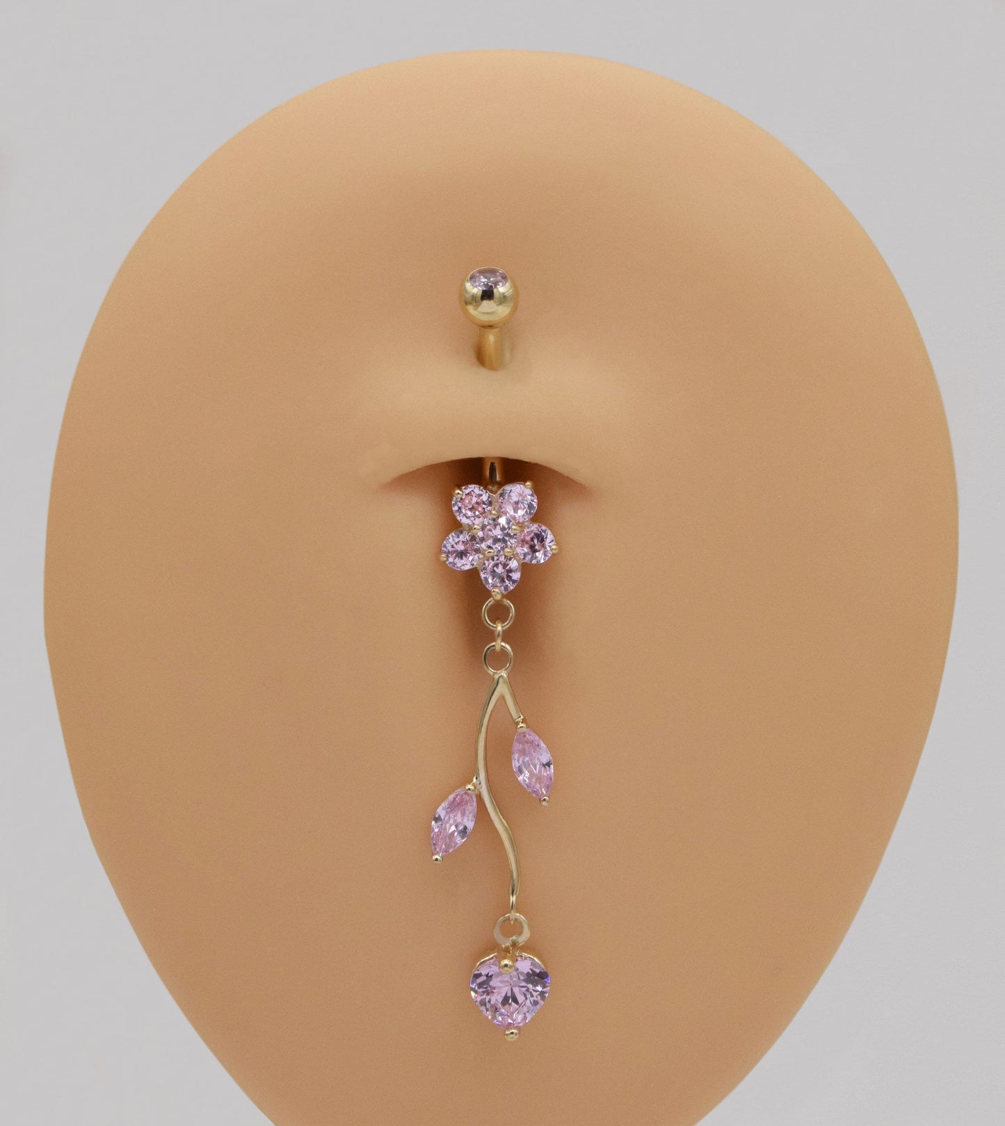 14k Solid Gold Sparkly Pink Flower Belly Button Ring Dangle Heart Navel Piercing Threaded Navel Belly Ring Barbell Belly Jewelry 14g