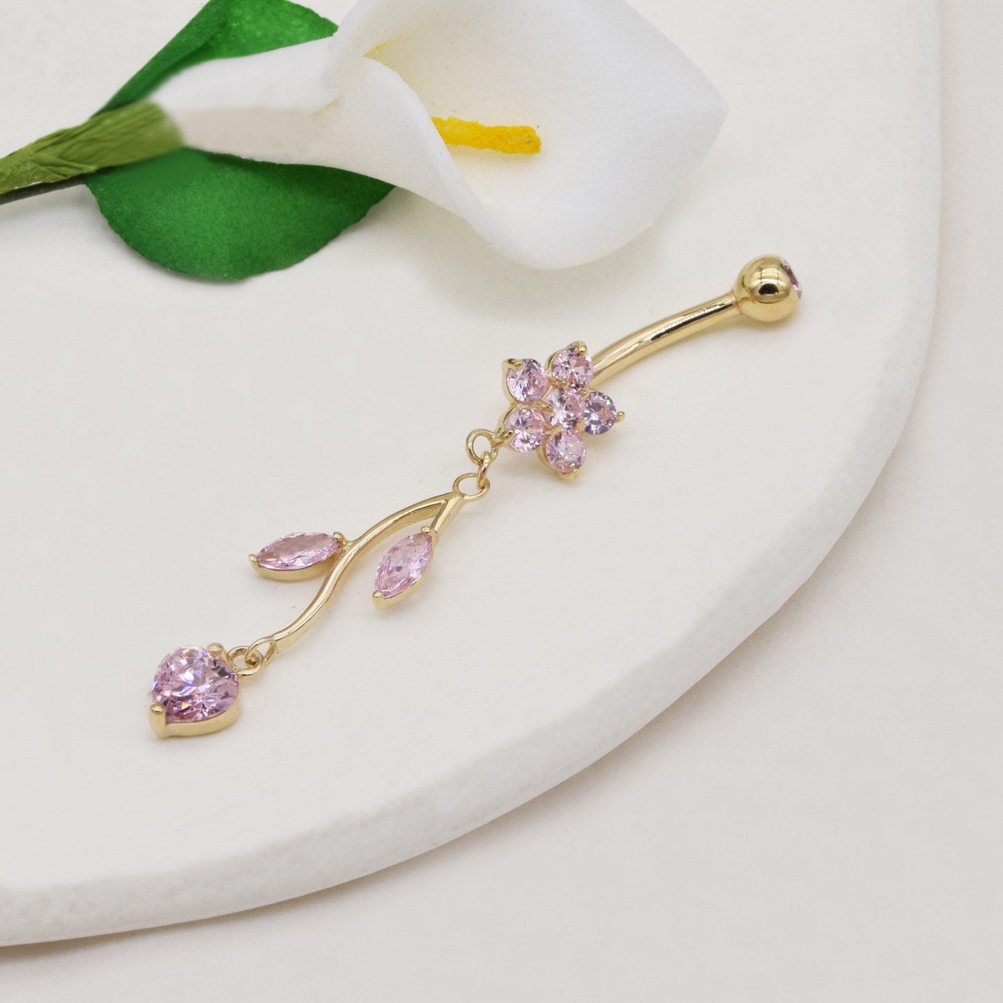 14k Solid Gold Sparkly Pink Flower Belly Button Ring Dangle Heart Navel Piercing Threaded Navel Belly Ring Barbell Belly Jewelry 14g