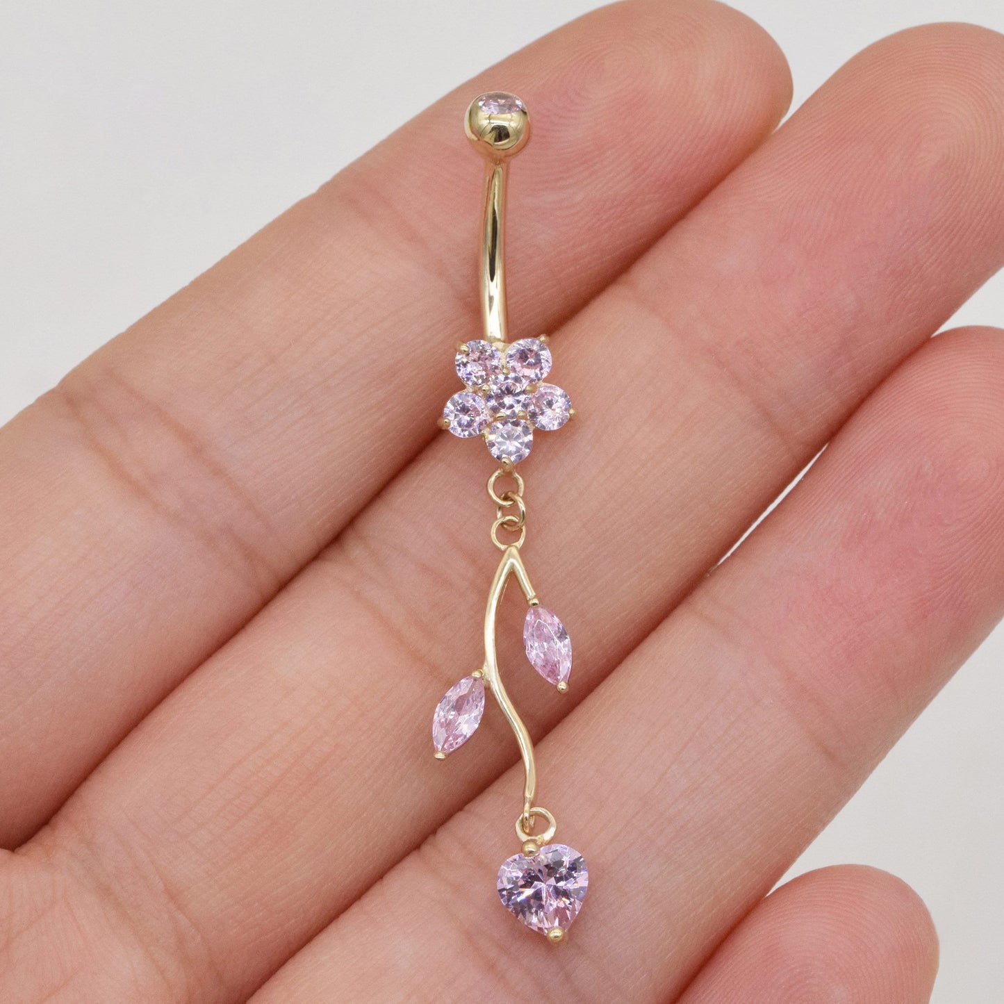 14k Solid Gold Sparkly Pink Flower Belly Button Ring Dangle Heart Navel Piercing Threaded Navel Belly Ring Barbell Belly Jewelry 14g