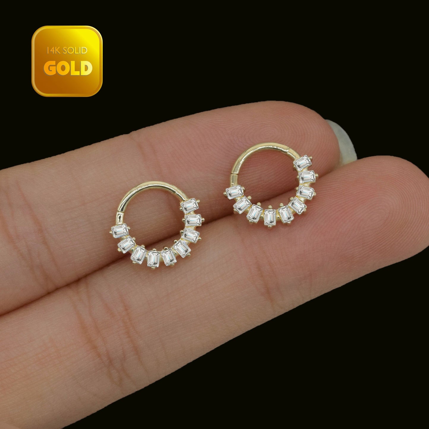 14K Solid Gold Baguette Stone Hoop Earring Zircon Stone Helix Conch Tragus Earring Nose Septum Hoop Piercing Daith Cartilage Earring 18g