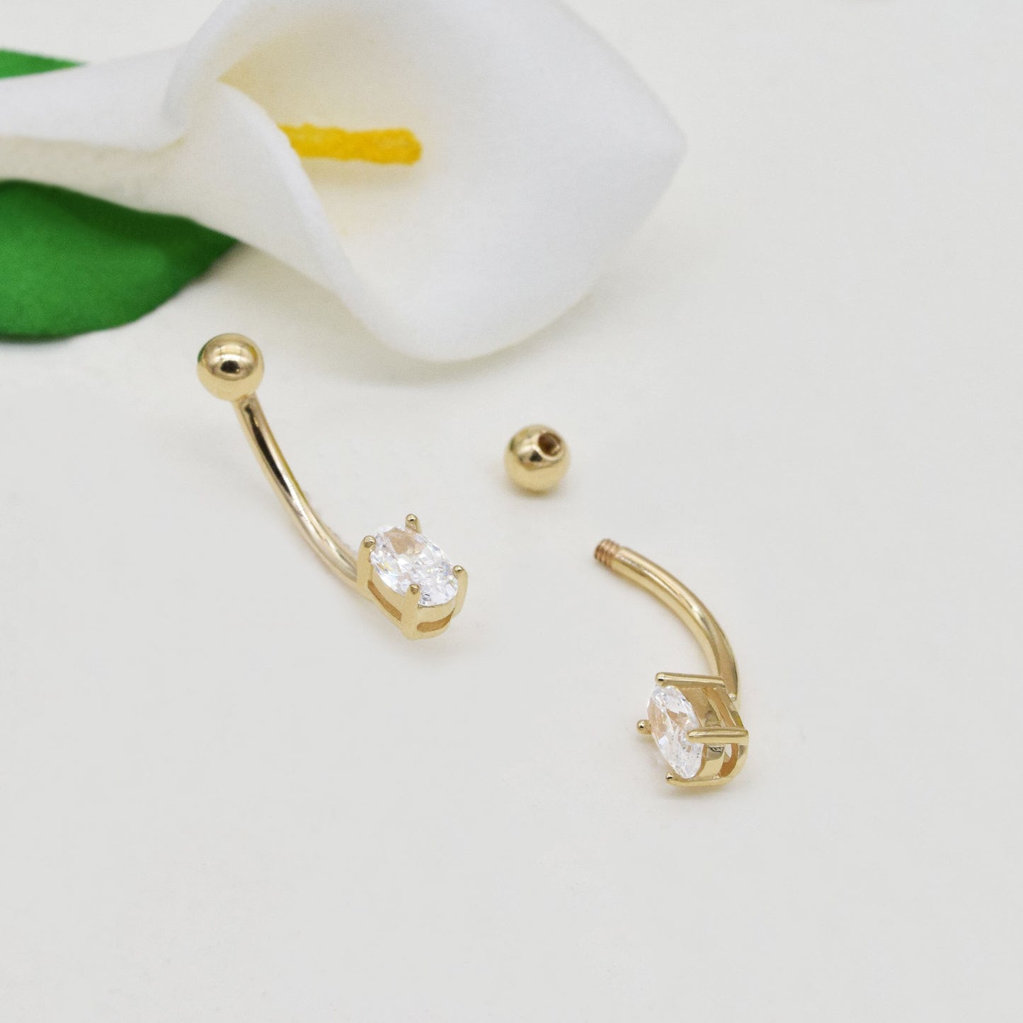 14K Solid Gold Oval Diamond Rook Earring Gold Curved Barbell Ring Gold Navel Piercing Daith Piercing Dainty Eyebrow Ring Gift For Her 16g