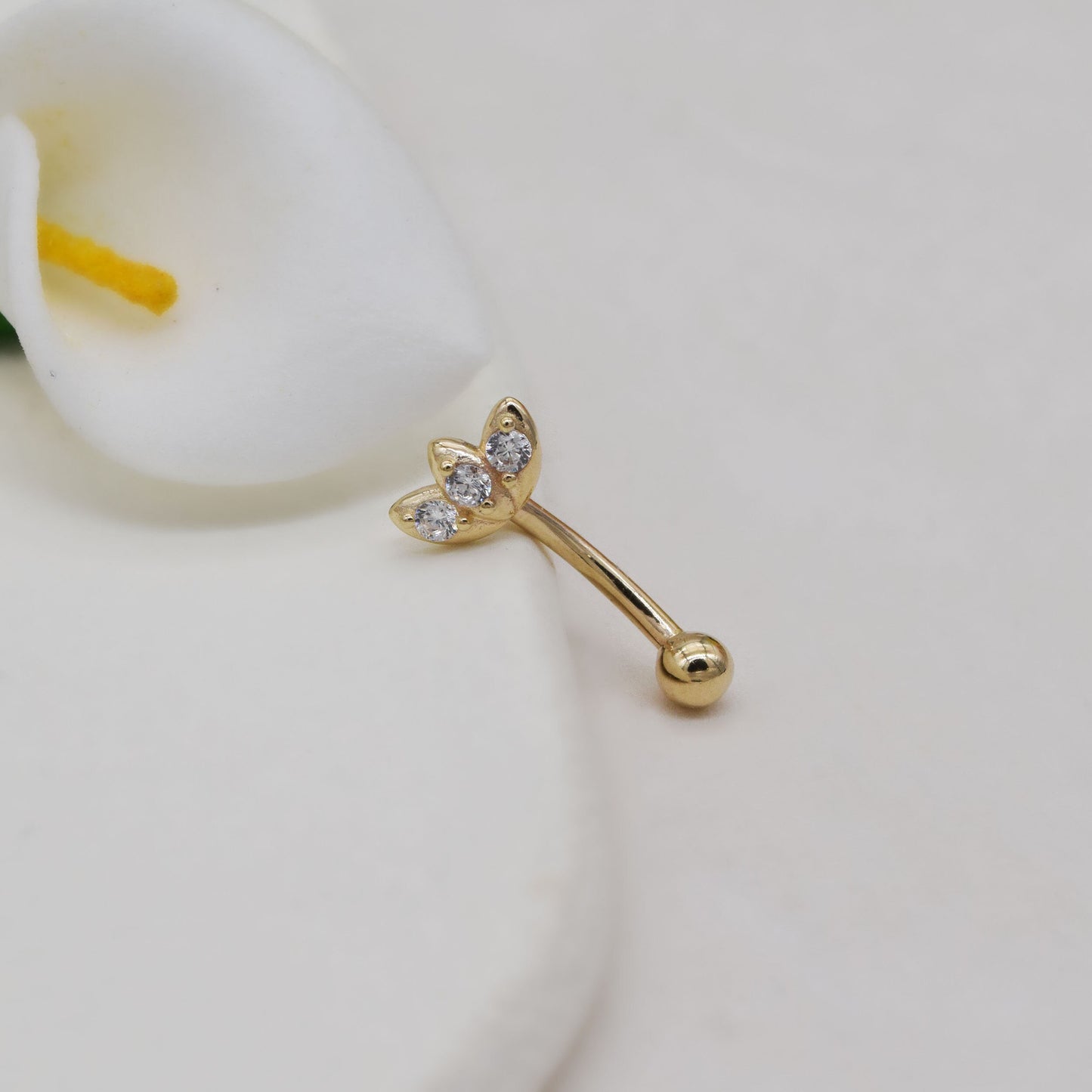 14k Solid Gold Lotus Flower Rook Earring Clover Eyebrow Ring  Gold Barbell Belly Button Flower Navel Ring Gift For Her 16g Gfit For Her