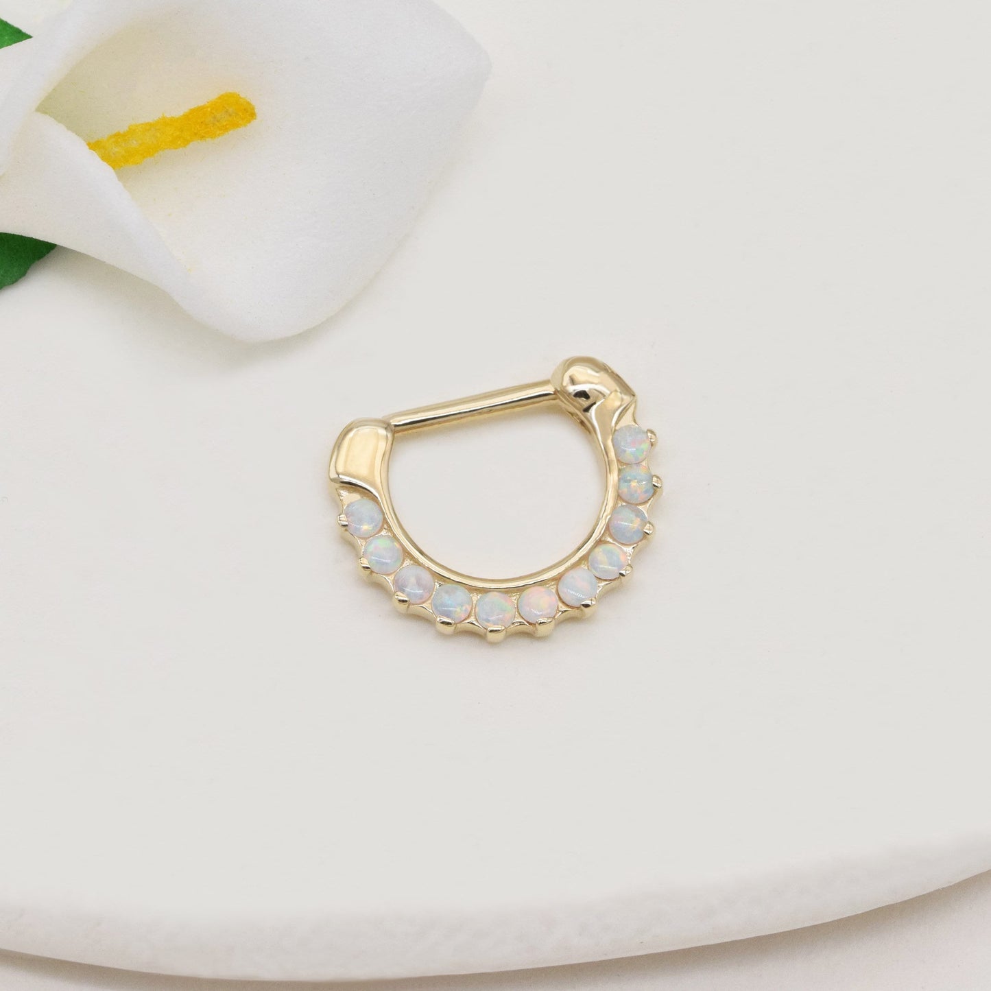 14k Solid Gold Opal Ornate Septum Ring C-shaped Septum Clicker Opal Septum Jewelry Hinged Segment Clicker Opal Nose Ring Gift For Her 16g