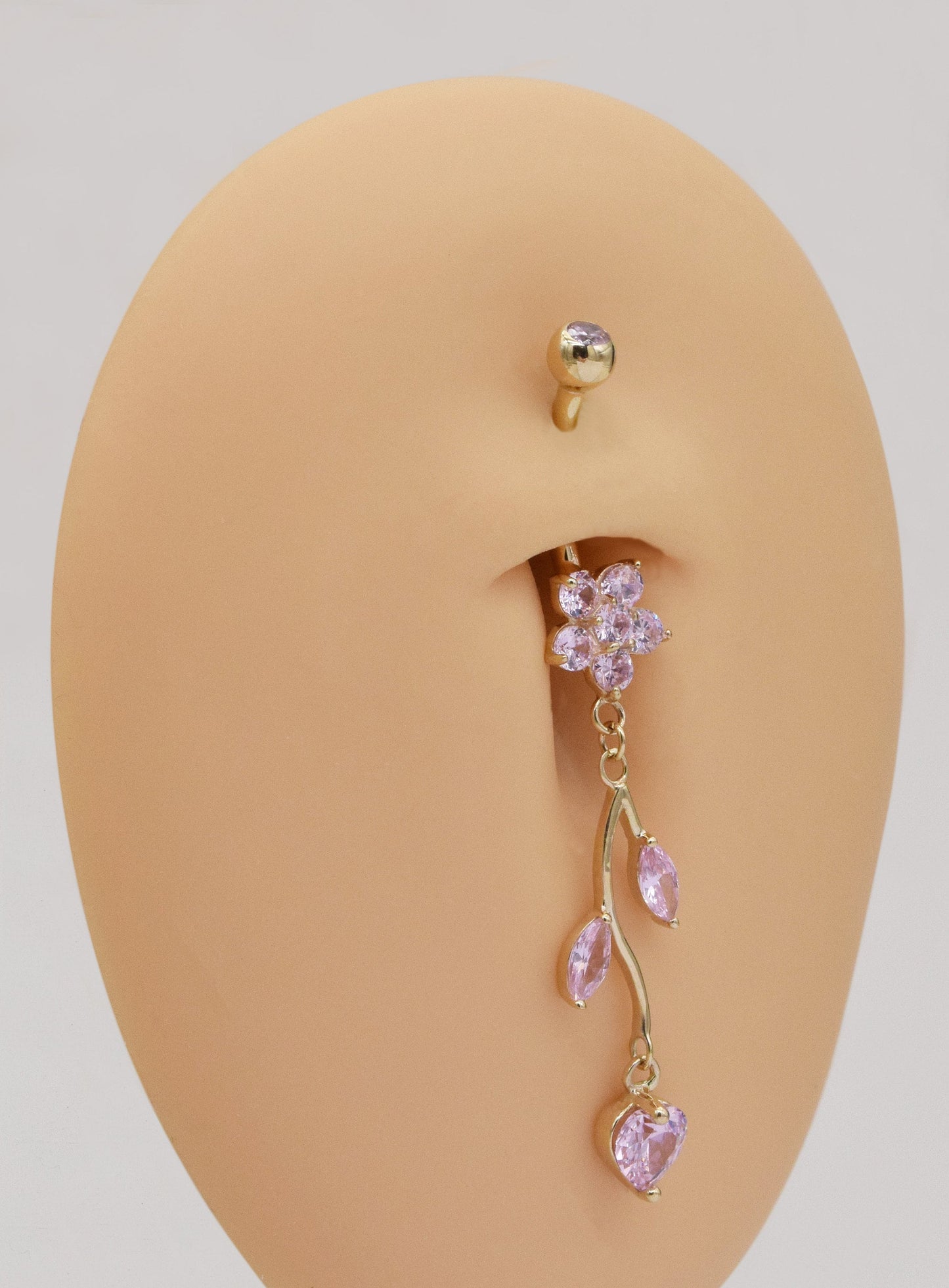 14k Solid Gold Sparkly Pink Flower Belly Button Ring Dangle Heart Navel Piercing Threaded Navel Belly Ring Barbell Belly Jewelry 14g