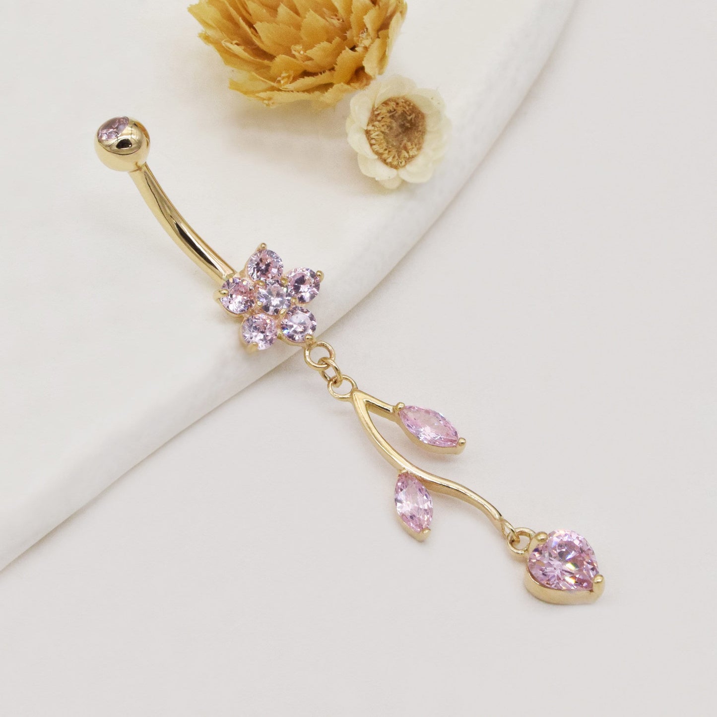 14k Solid Gold Sparkly Pink Flower Belly Button Ring Dangle Heart Navel Piercing Threaded Navel Belly Ring Barbell Belly Jewelry 14g