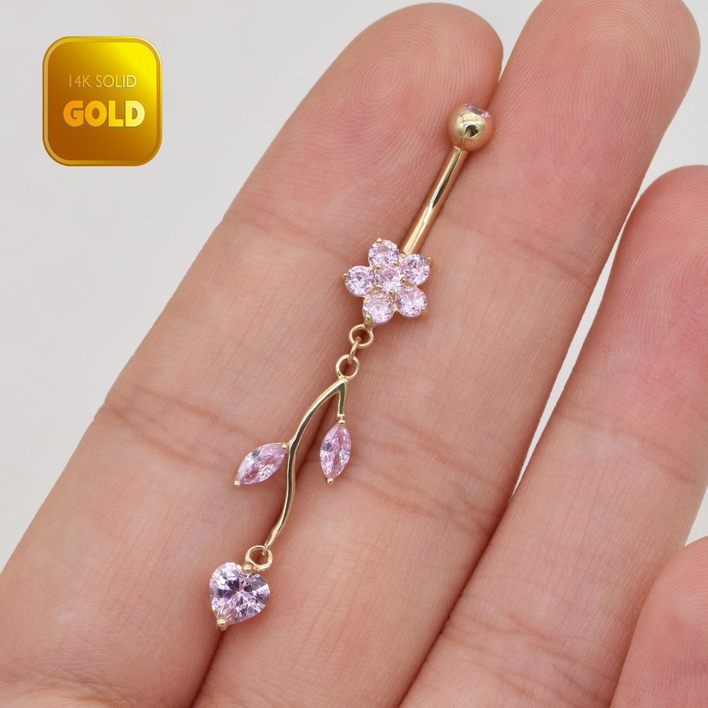 14k Solid Gold Sparkly Pink Flower Belly Button Ring Dangle Heart Navel Piercing Threaded Navel Belly Ring Barbell Belly Jewelry 14g