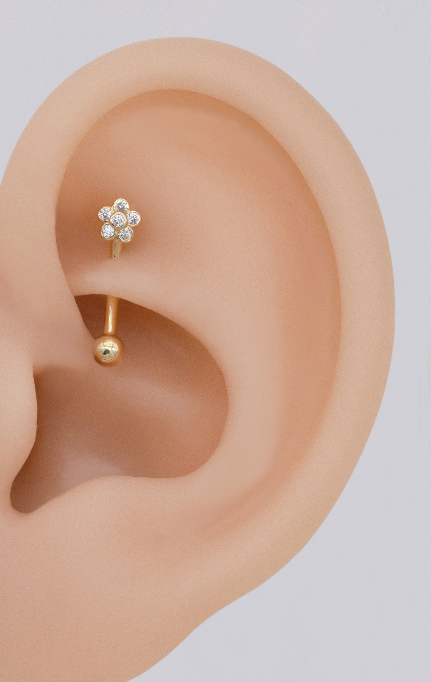 14k Solid Gold Flower Rook Earring Bezel CZ Eyebrow Ring Gold Barbell Belly Button Tiny Flower Navel Ring Gift For Her 16g Gfit For Her