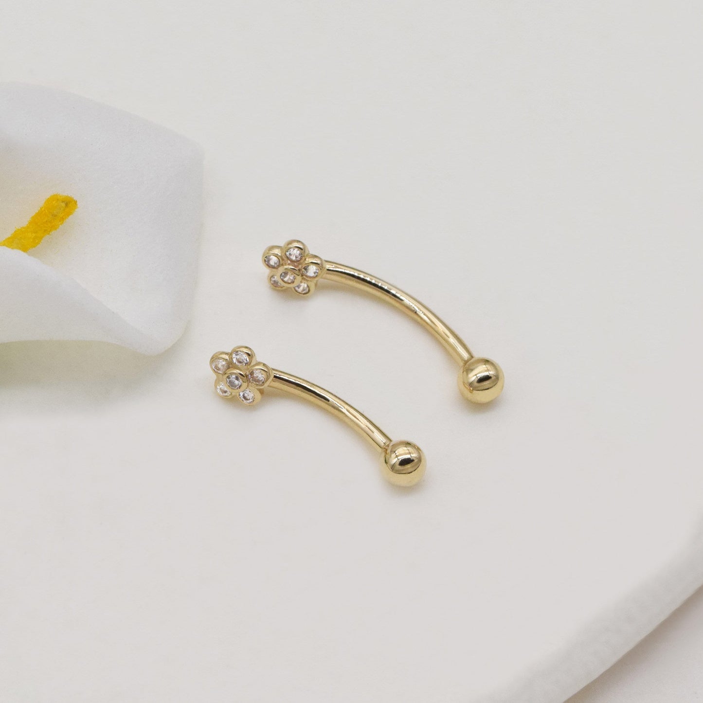 14k Solid Gold Flower Rook Earring Bezel CZ Eyebrow Ring Gold Barbell Belly Button Tiny Flower Navel Ring Gift For Her 16g Gfit For Her