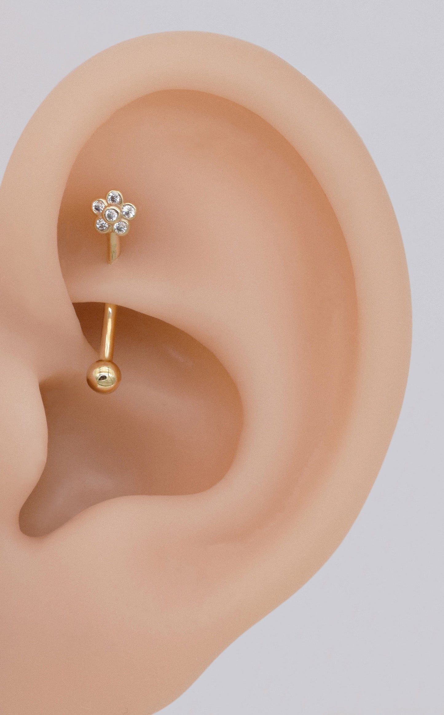 14k Solid Gold Flower Rook Earring Bezel CZ Eyebrow Ring Gold Barbell Belly Button Tiny Flower Navel Ring Gift For Her 16g Gfit For Her