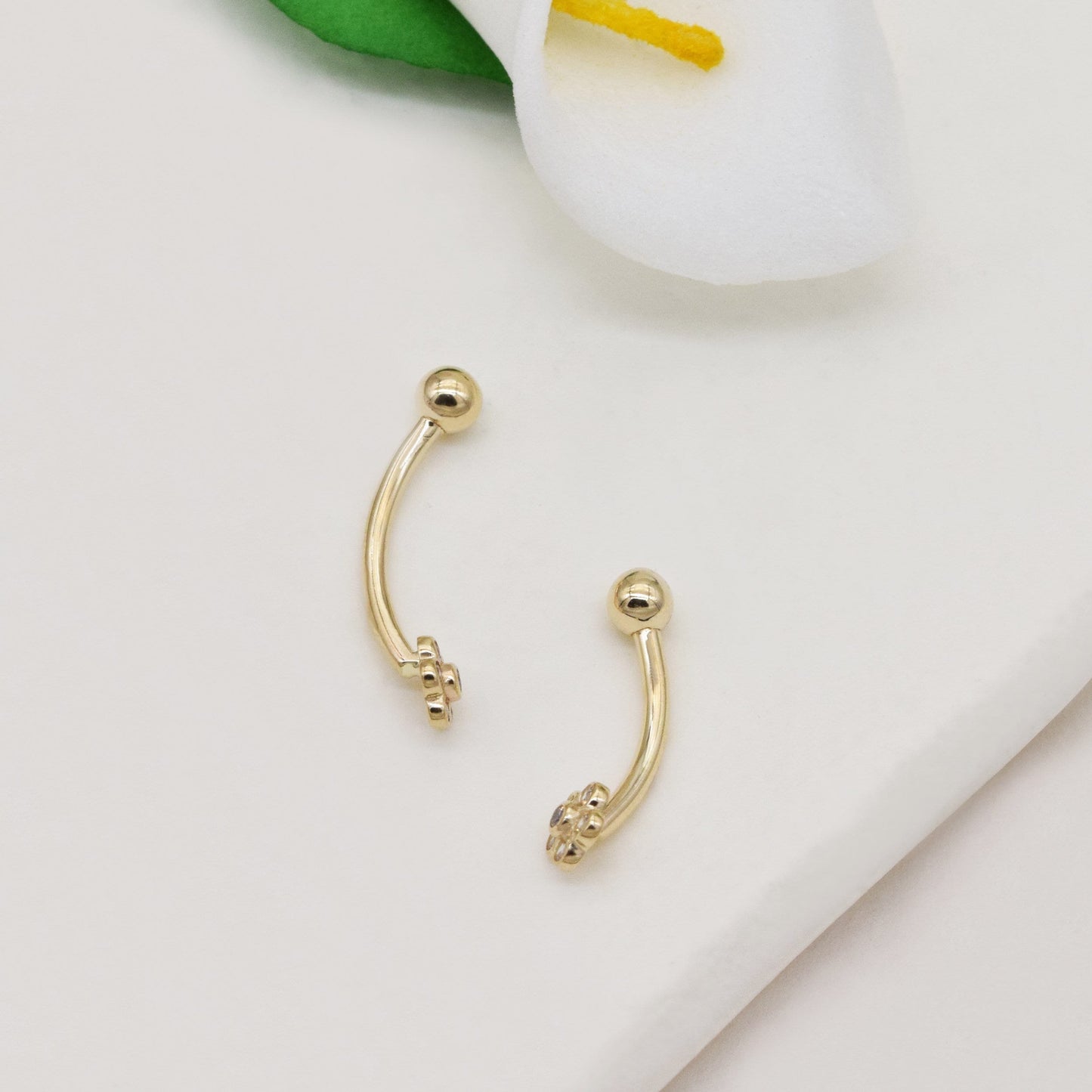 14k Solid Gold Flower Rook Earring Bezel CZ Eyebrow Ring Gold Barbell Belly Button Tiny Flower Navel Ring Gift For Her 16g Gfit For Her