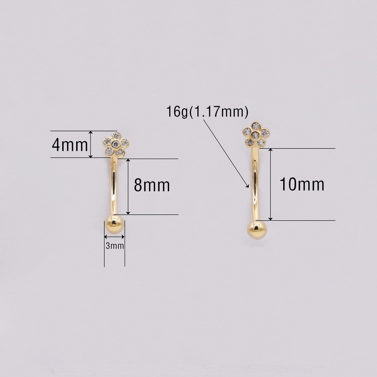 14k Solid Gold Flower Rook Earring Bezel CZ Eyebrow Ring Gold Barbell Belly Button Tiny Flower Navel Ring Gift For Her 16g Gfit For Her