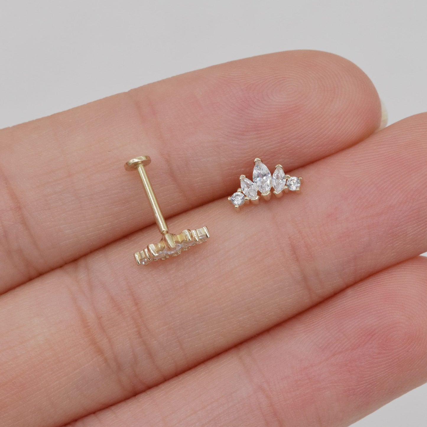 14k Solid Gold Climber Threadless Earring Gold Helix Stud Conch Tragus Earring Internally Threaded Earring For Cartilage Flat Back Earring