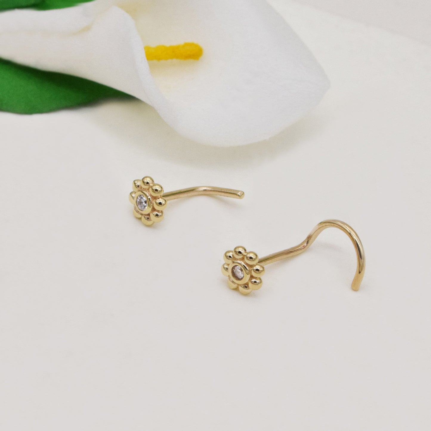 14k Solid Gold Sunflower Nose Stud Tiny L Shape Flower Nose Ring Dainty Nose Piercing Sunflower Screw Nose Stud 20g