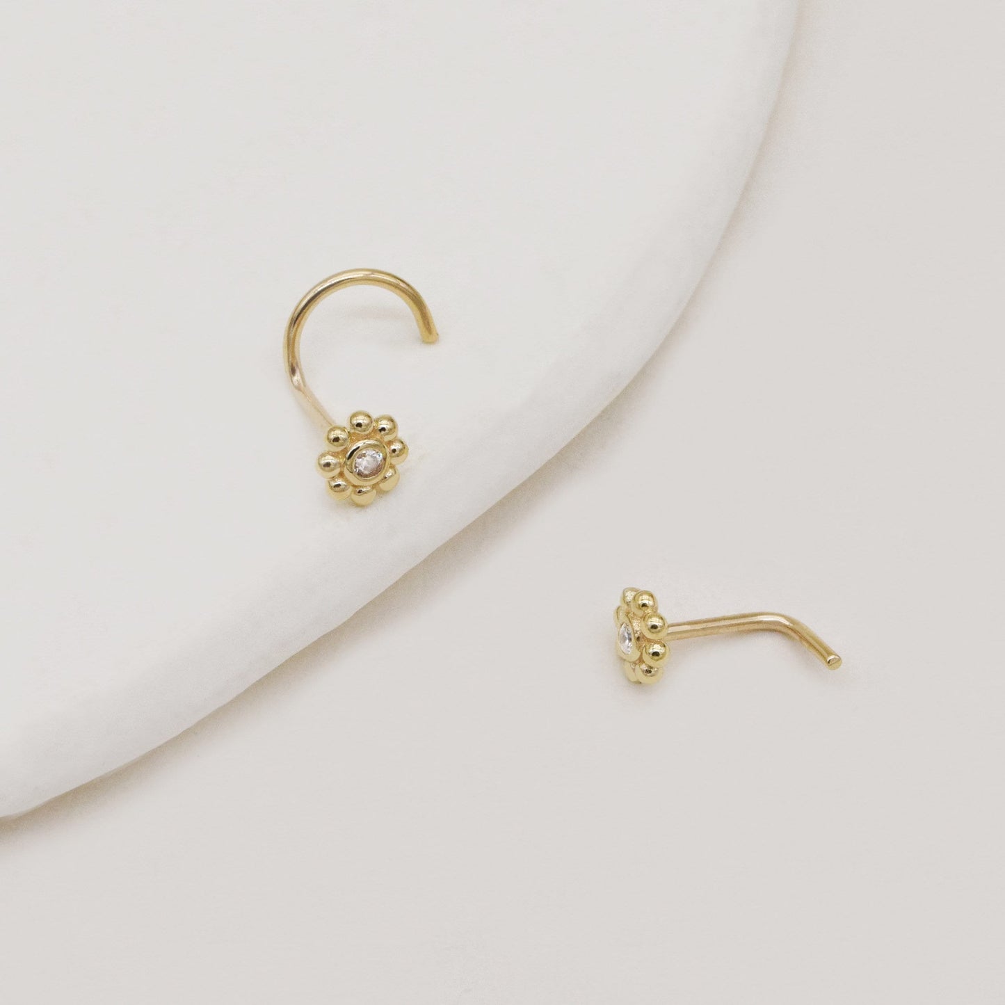 14k Solid Gold Sunflower Nose Stud Tiny L Shape Flower Nose Ring Dainty Nose Piercing Sunflower Screw Nose Stud 20g