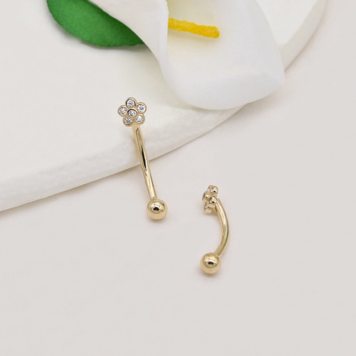 14k Solid Gold Flower Rook Earring Bezel CZ Eyebrow Ring Gold Barbell Belly Button Tiny Flower Navel Ring Gift For Her 16g Gfit For Her