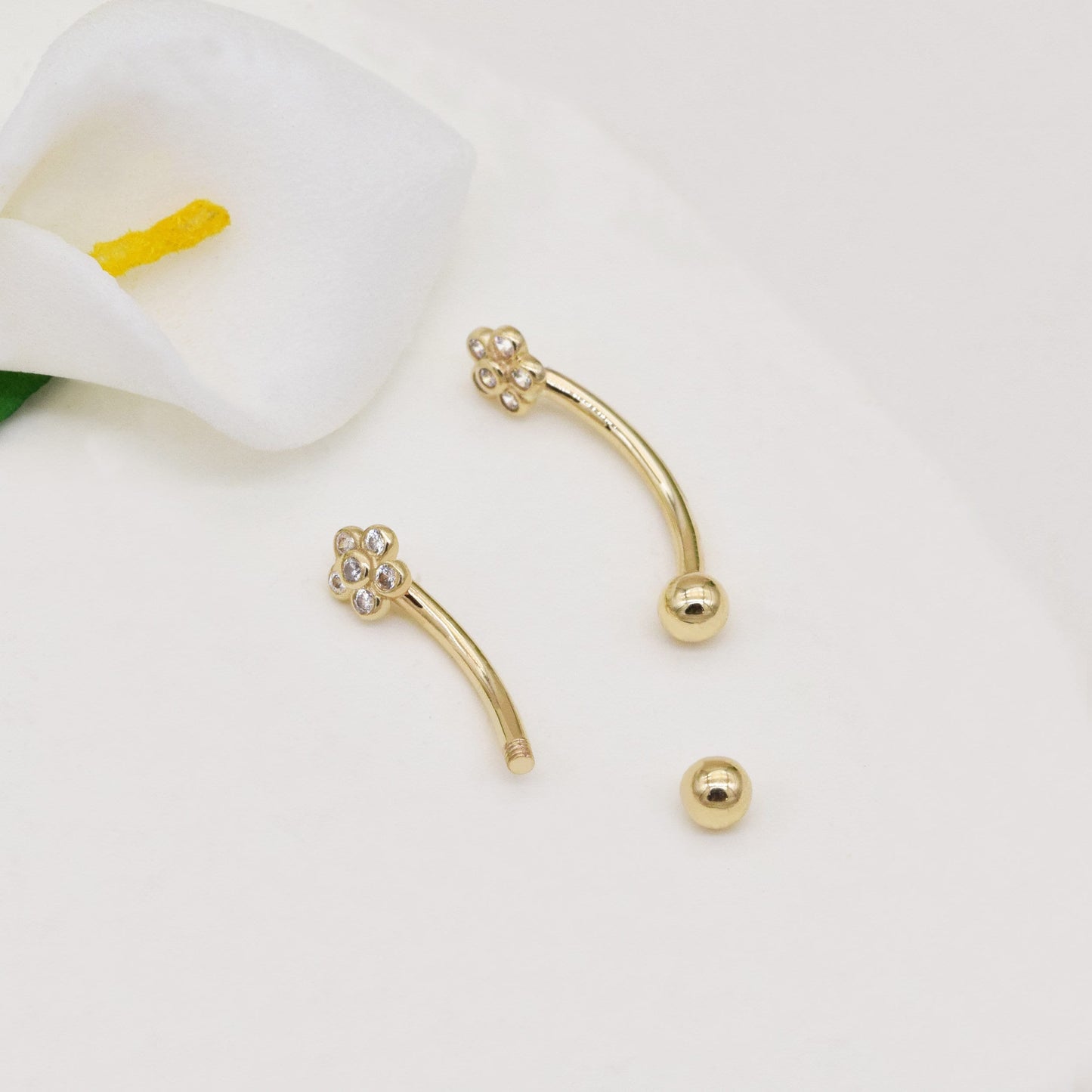 14k Solid Gold Flower Rook Earring Bezel CZ Eyebrow Ring Gold Barbell Belly Button Tiny Flower Navel Ring Gift For Her 16g Gfit For Her