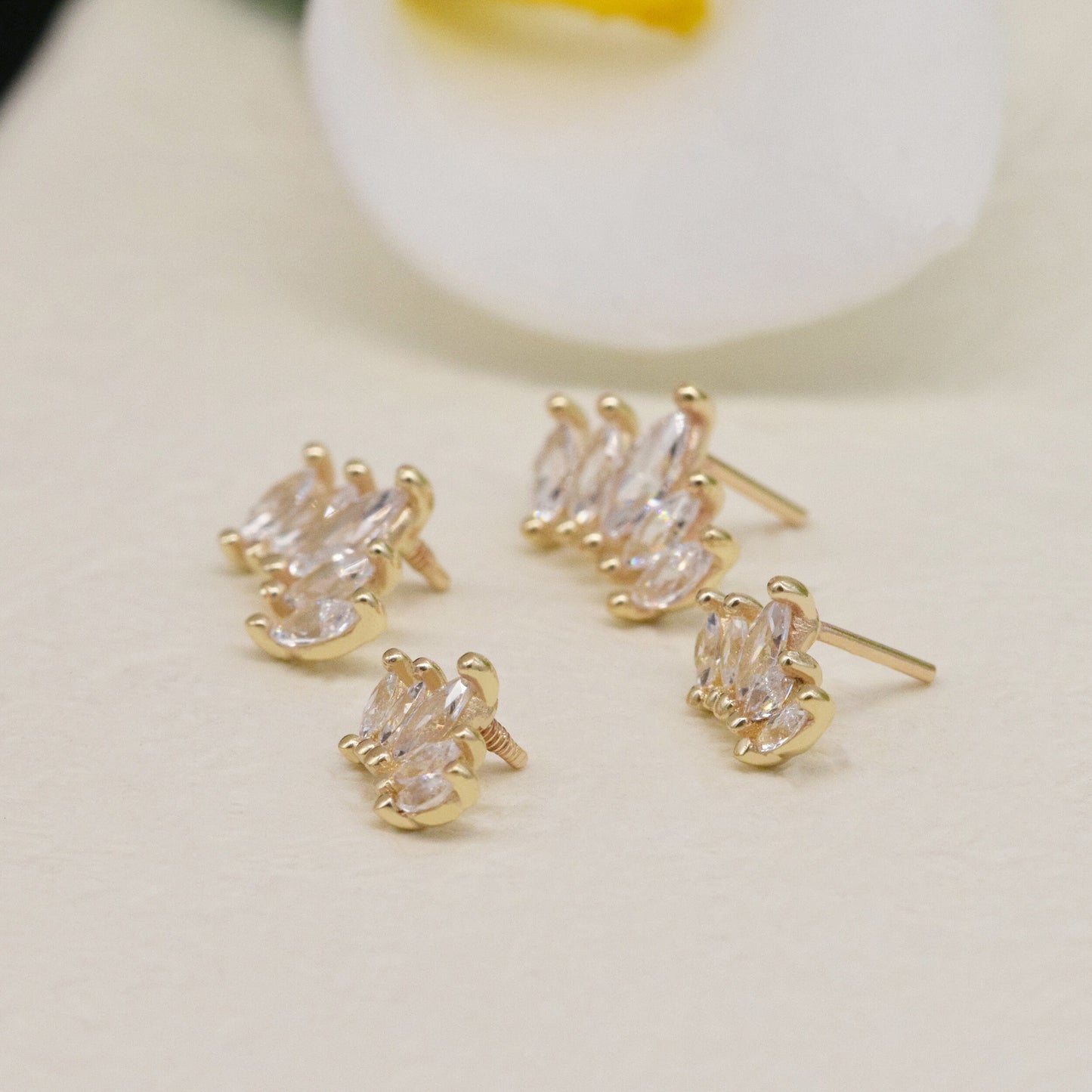 14k Solid Gold Marquise Crown Cartilage Earring Climber Helix Tragus Earring Internally Threaded Earring Conch Earring Flat Back Earring