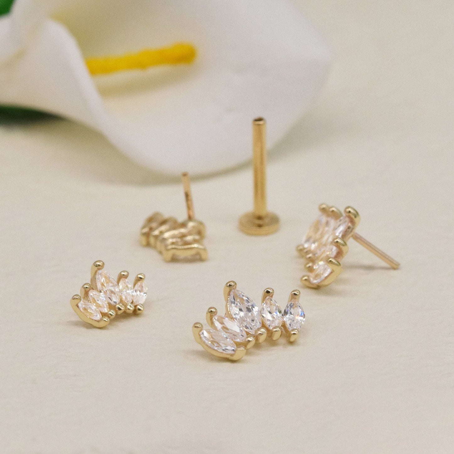 14k Solid Gold Marquise Crown Cartilage Earring Climber Helix Tragus Earring Internally Threaded Earring Conch Earring Flat Back Earring